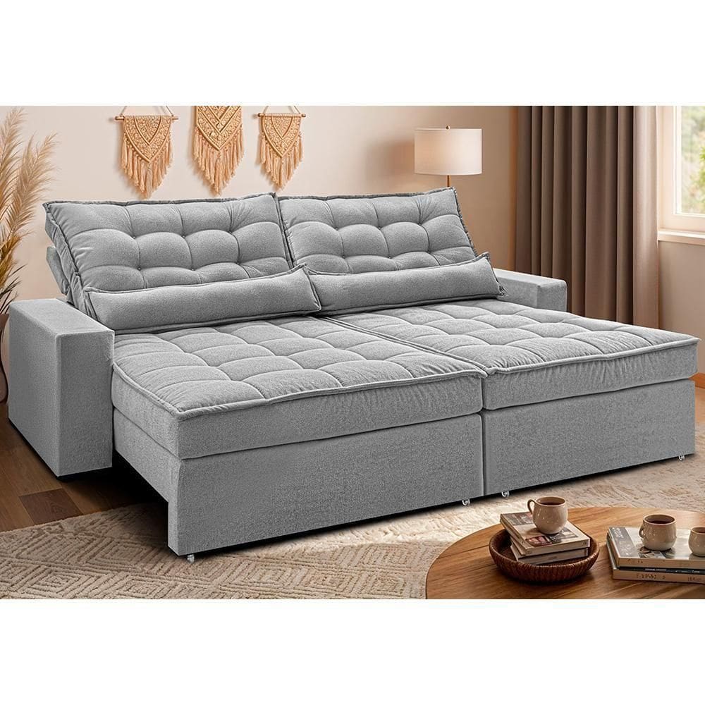 Sofá Retrátil E Reclinável 2,92m Molas Ensacadas Belle. Boucle Cama Inbox Cinza Claro