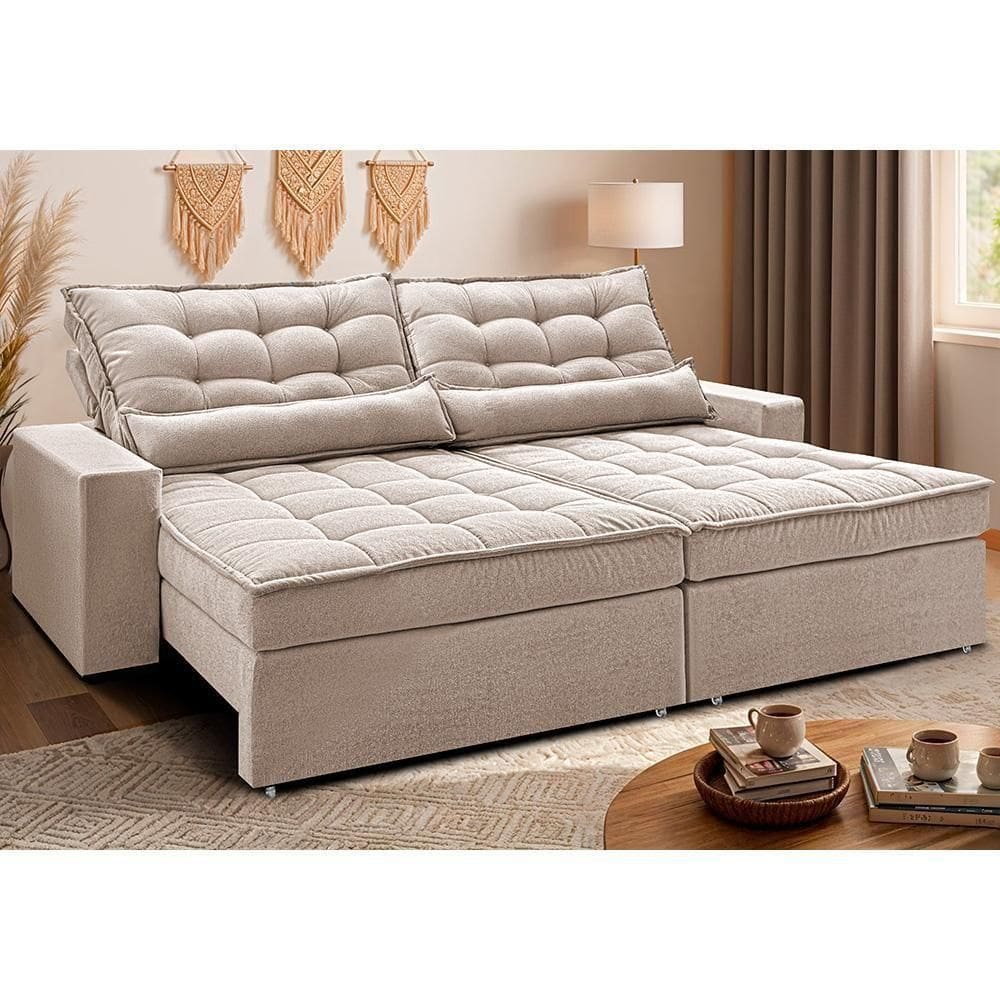 Sofá Retrátil E Reclinável 2,52m Molas Ensacadas Belle. Boucle Cama Inbox Bege Claro