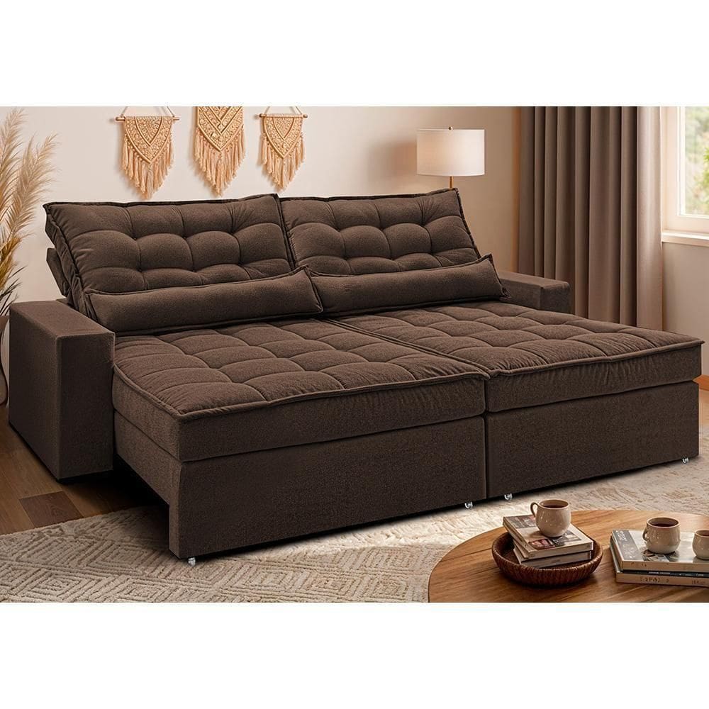 Sofá Retrátil E Reclinável 2,12m Molas Ensacadas Belle. Boucle Cama Inbox Marrom