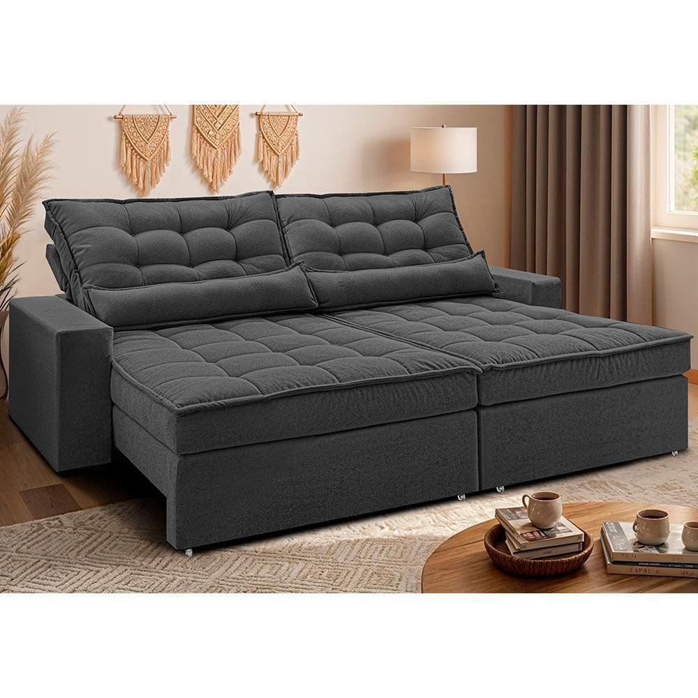Sofá Retrátil E Reclinável 2,72m Molas Ensacadas Belle. Boucle Cama Inbox Cinza Escuro