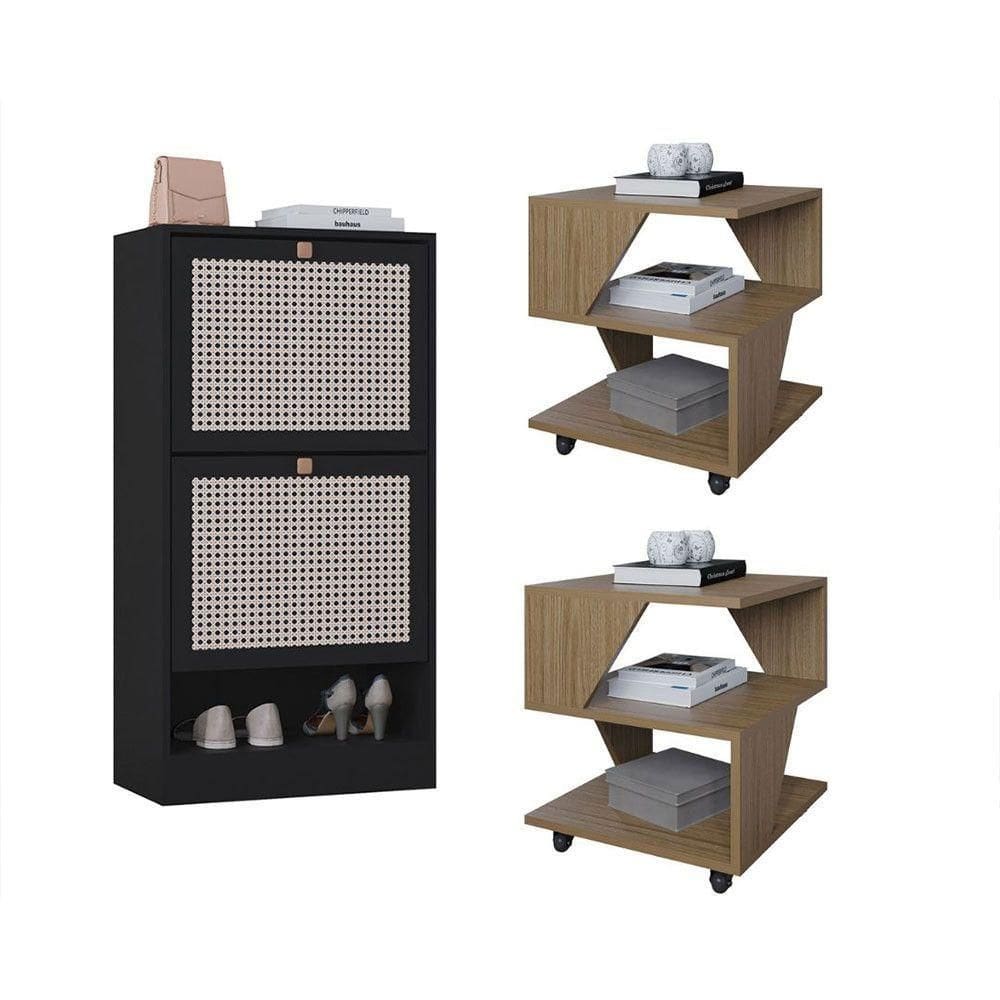 Kit Sapateira 2 Portas E 2 Mesas De Cabeceira/centro Poquema Carvalho/preto