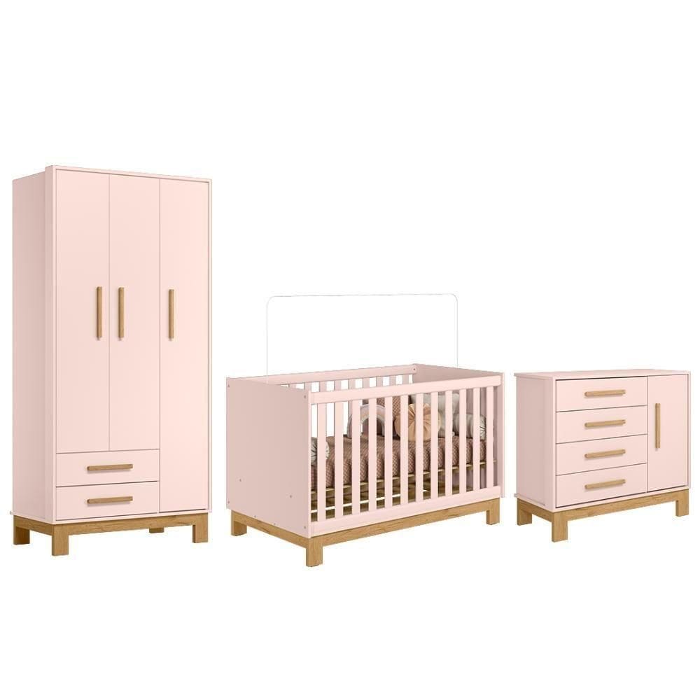 Quarto Infantil 3 Peças Com Berço Slim Rosa - Qmovi