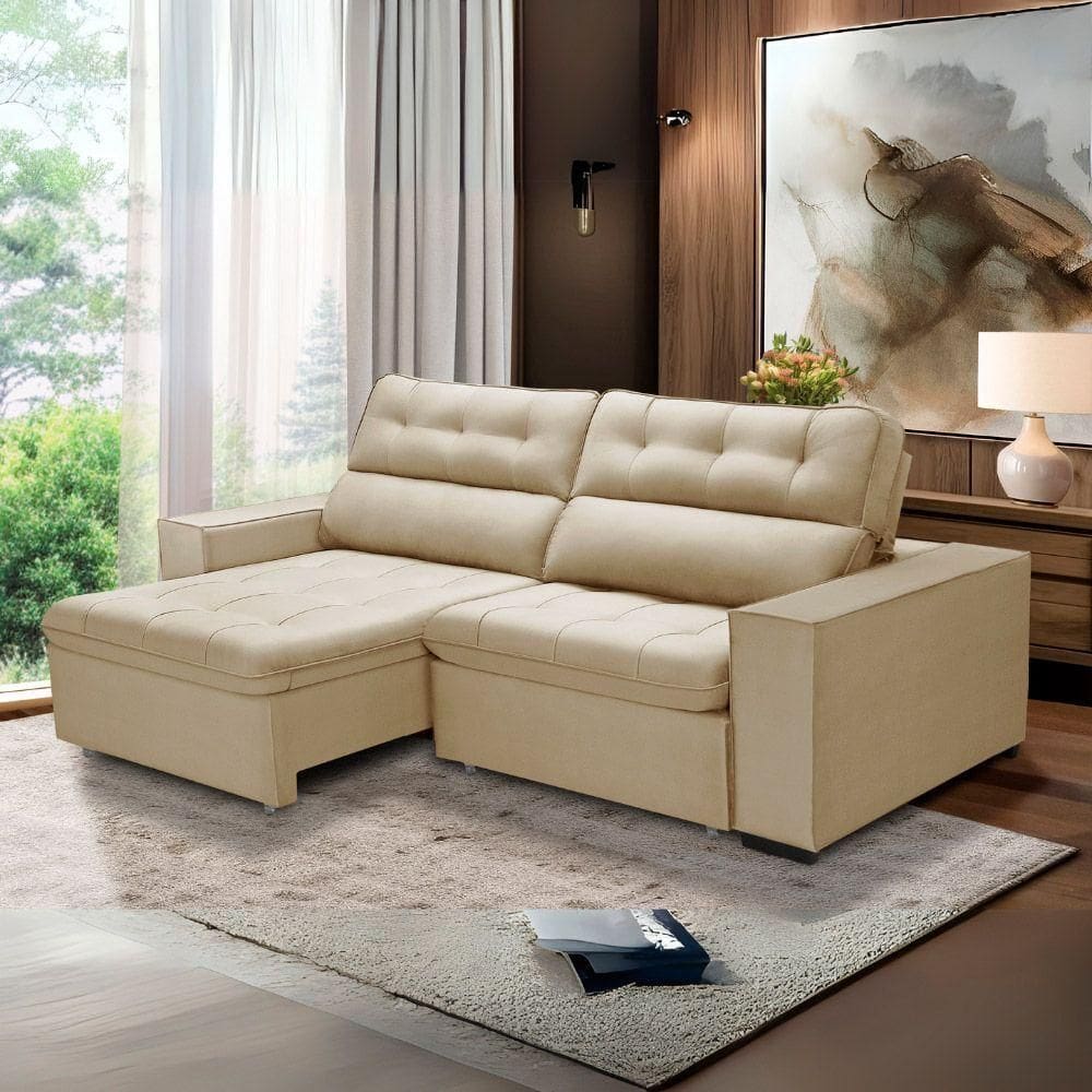 Sofa Retratil Reclinavel 2 Lugares 2,90 Vitória Veludo Bege Lansofbr