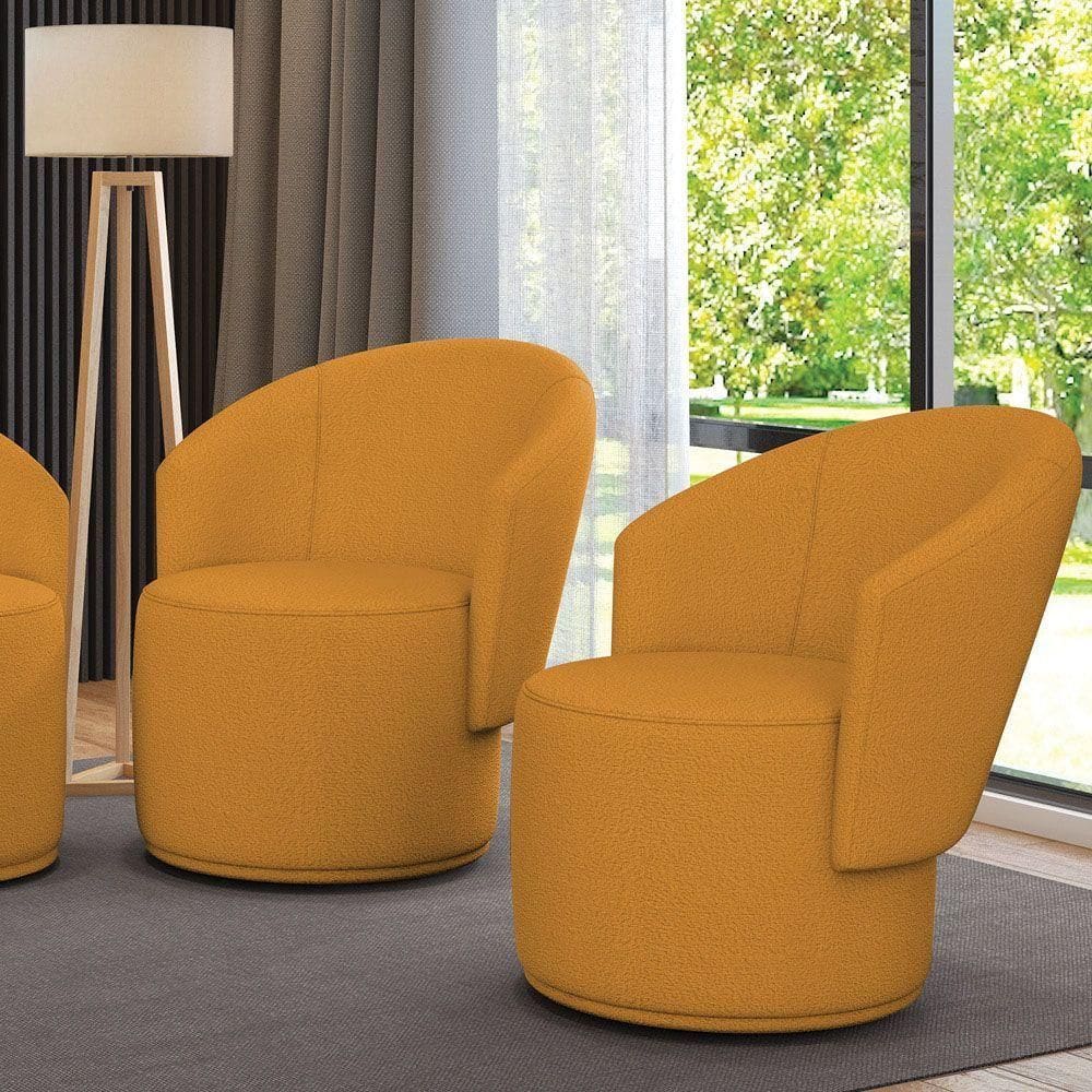 Poltrona Decorativa Orgânica Fixa Para Sala Kit 2 Malu Bouclê Mostarda M11 - D`rossi