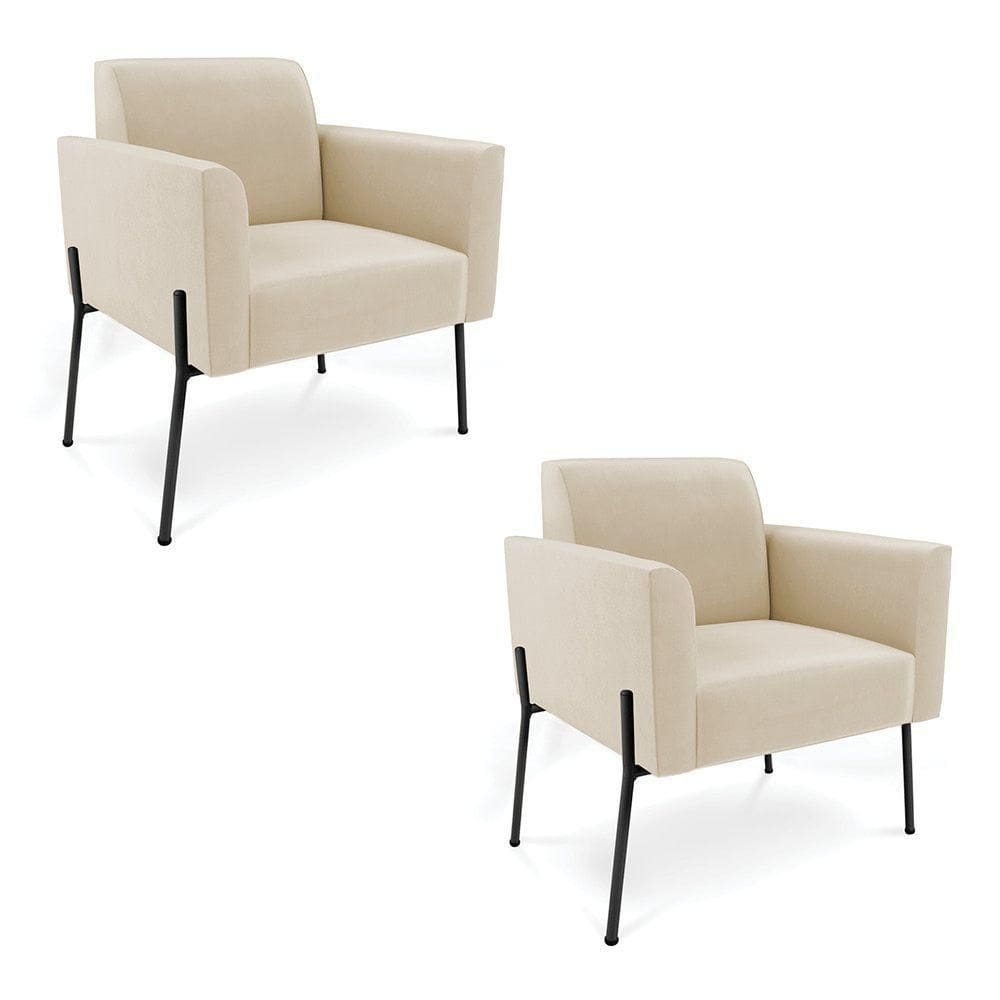 Poltrona Pé De Ferro Preto Para Sala Kit 2 Marisa Suede Bege