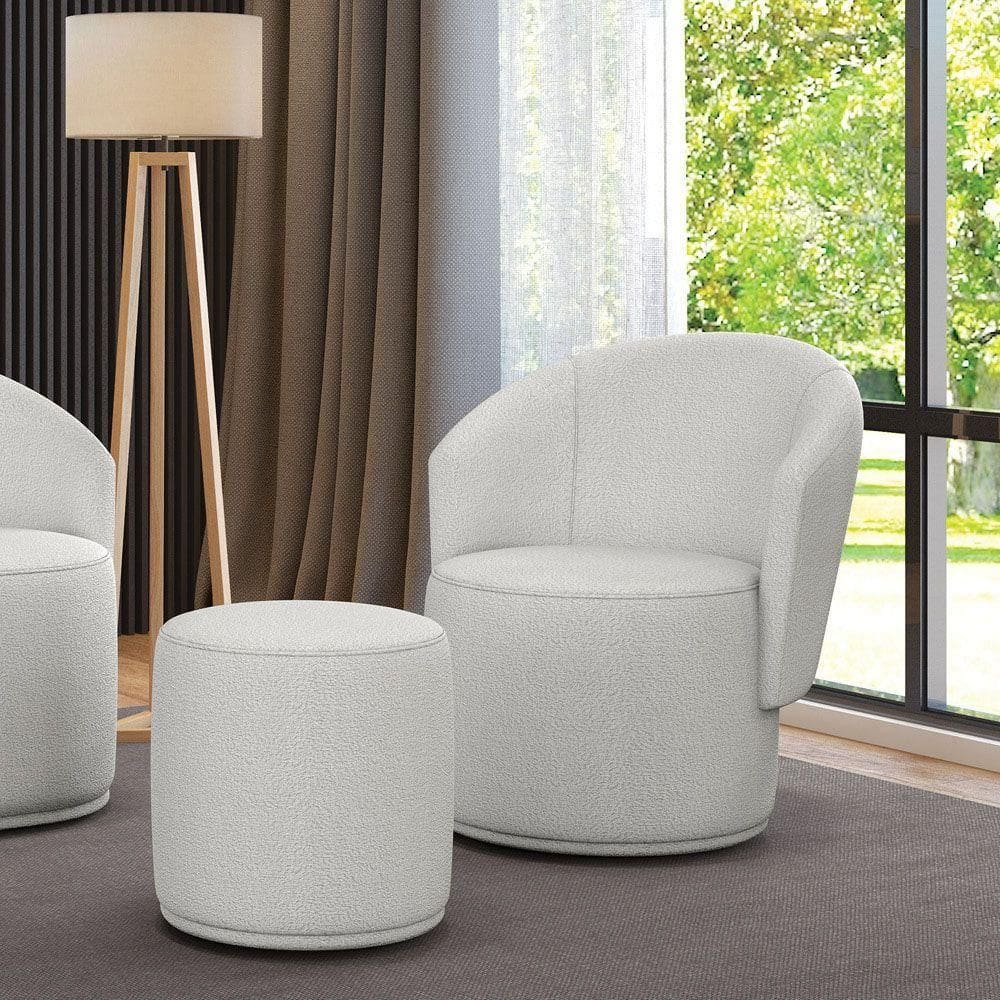 Poltrona E Puff Redondo Orgânico Para Sala Malu Bouclê Cinza M11 - D`rossi