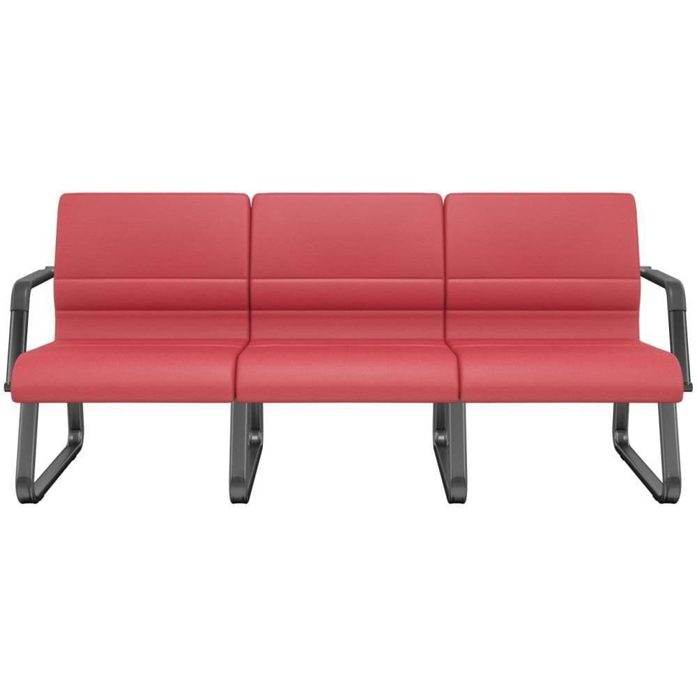 Cadeira Longarina 3 Lugares Recepção Com Braço Pés Preto Lev P03 Vinil Vermelho - Lyam Decor