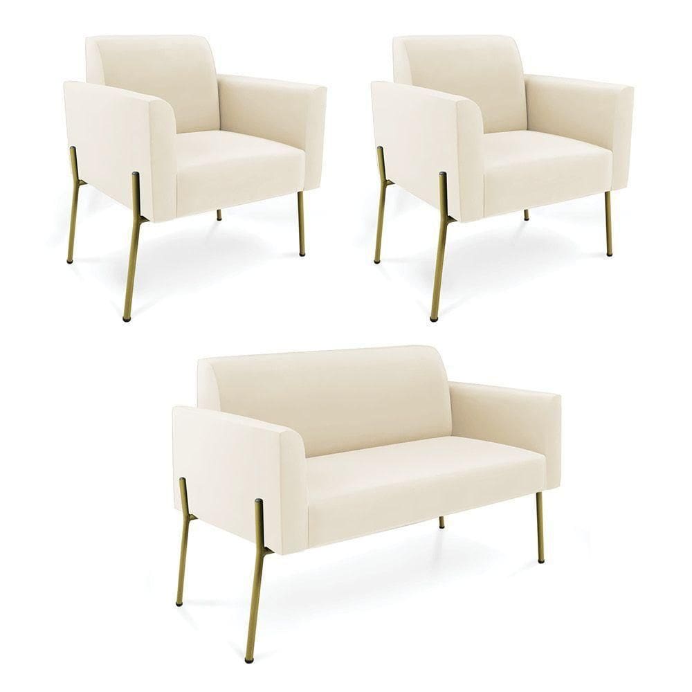 Sofá Namoradeira E 2 Poltronas Pé De Ferro Dourado Marisa Veludo Cor Bege