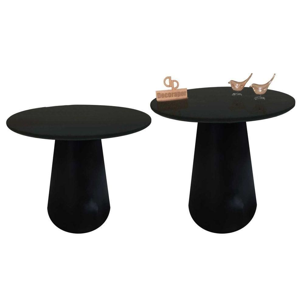 Kit Mesa De Canto Com Vidro 50cm E Base Cone Laqueada Preta