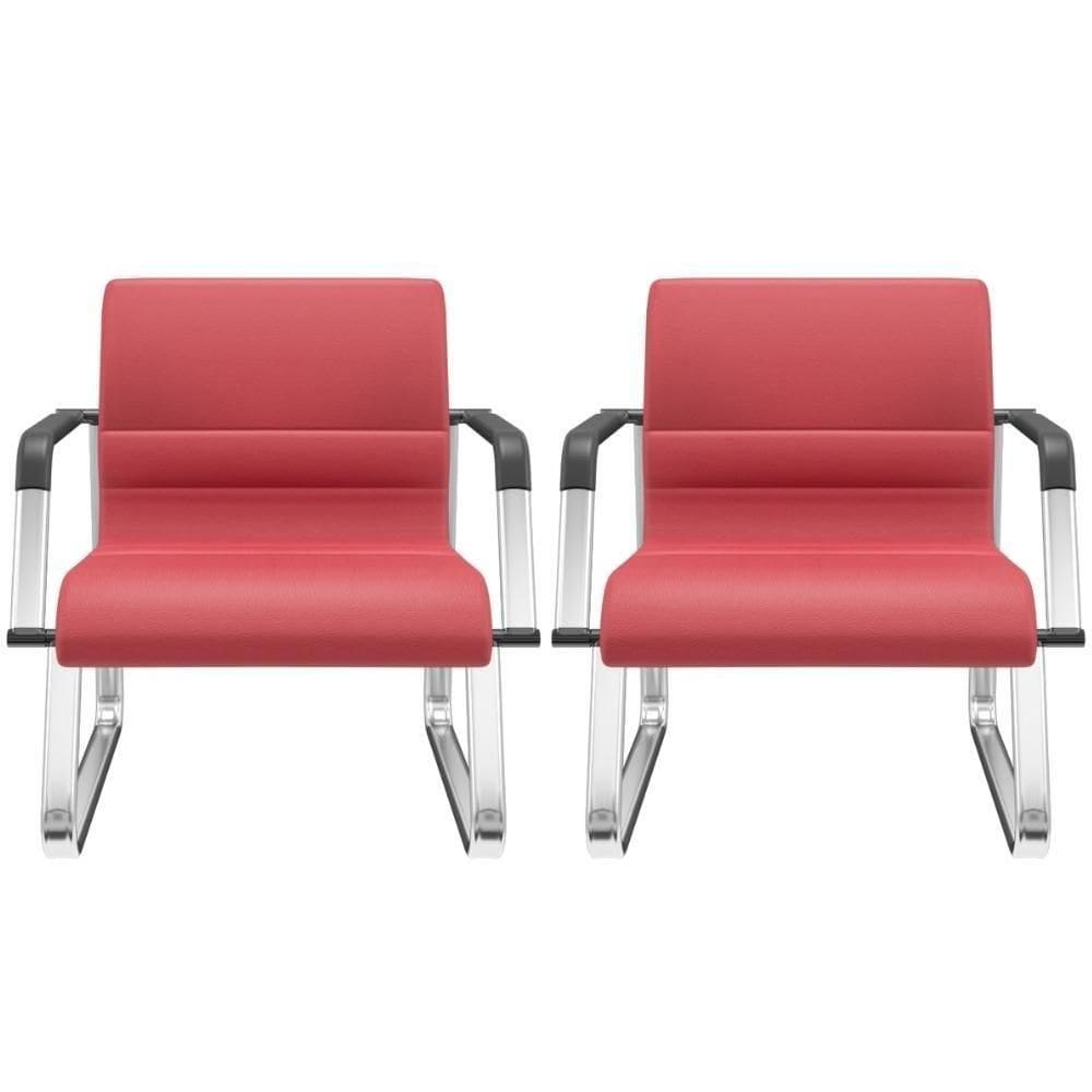 Kit 02 Cadeiras De Escritório Recepção Fixa Pés Cromado Lev P03 Crepe Vermelho - Lyam Decor