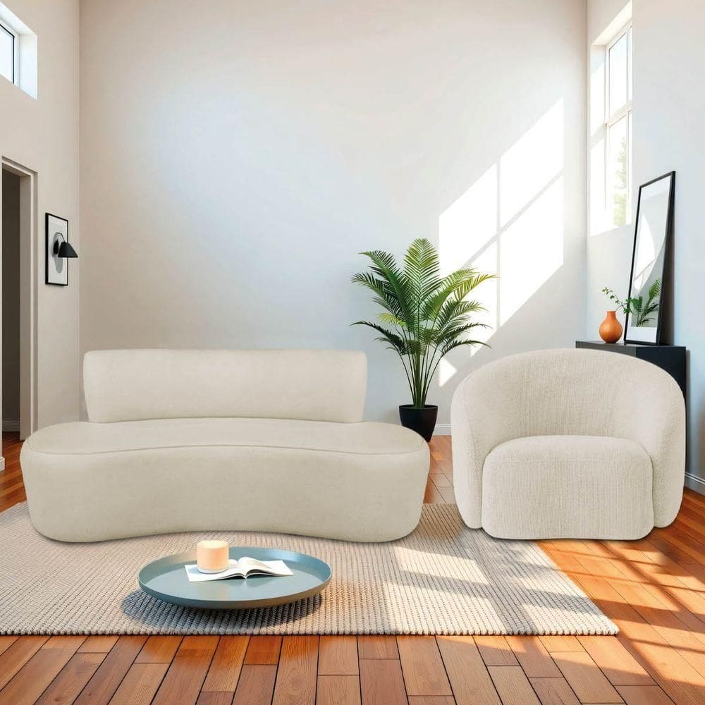 Kit Recamier Curvo Amsterdã 140cm E Poltrona Amore Luxo Bouclé Cor Bege