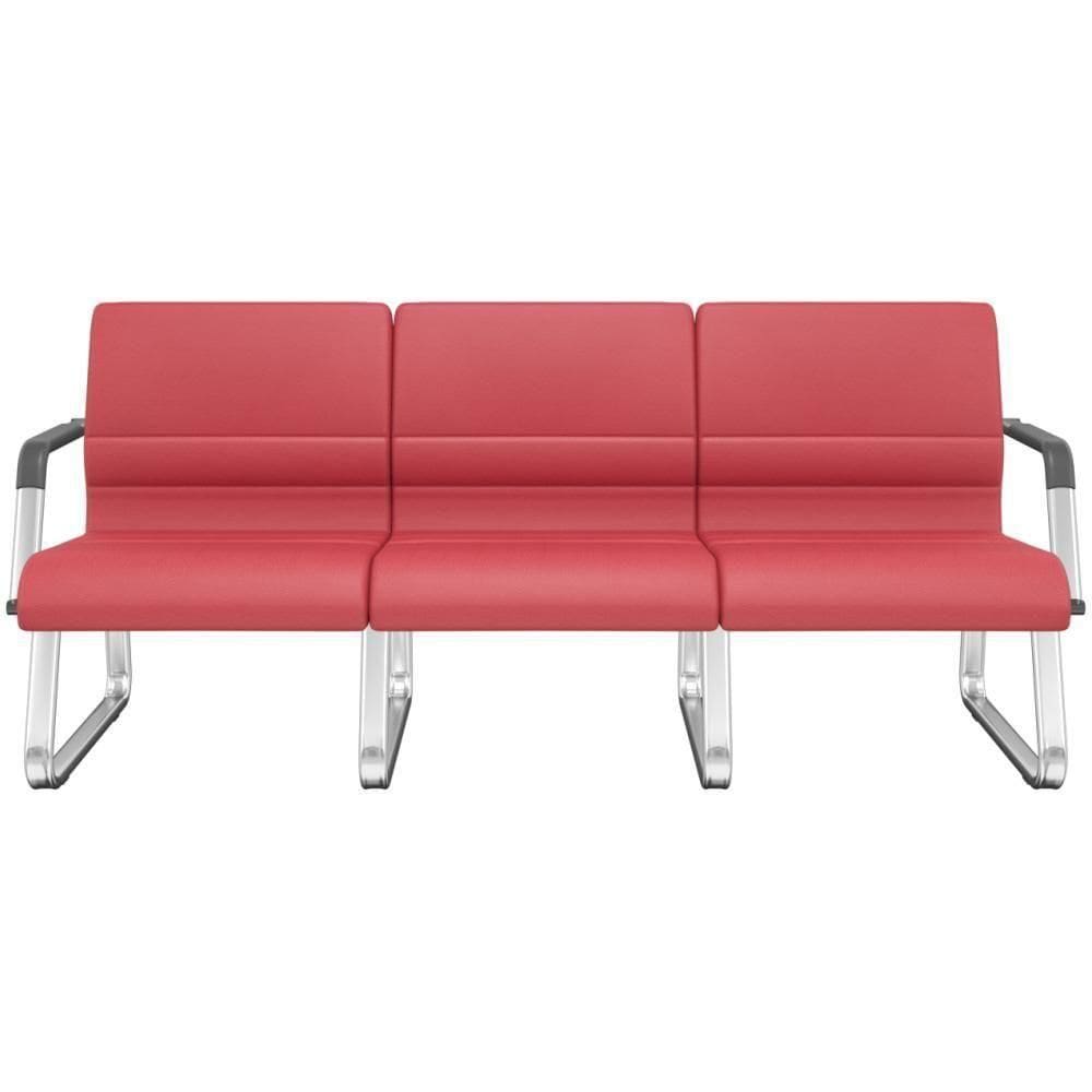 Cadeira Longarina 3 Lugares Recepção Com Braço Pés Cromado Lev P03 Vinil Vermelho - Lyam Decor