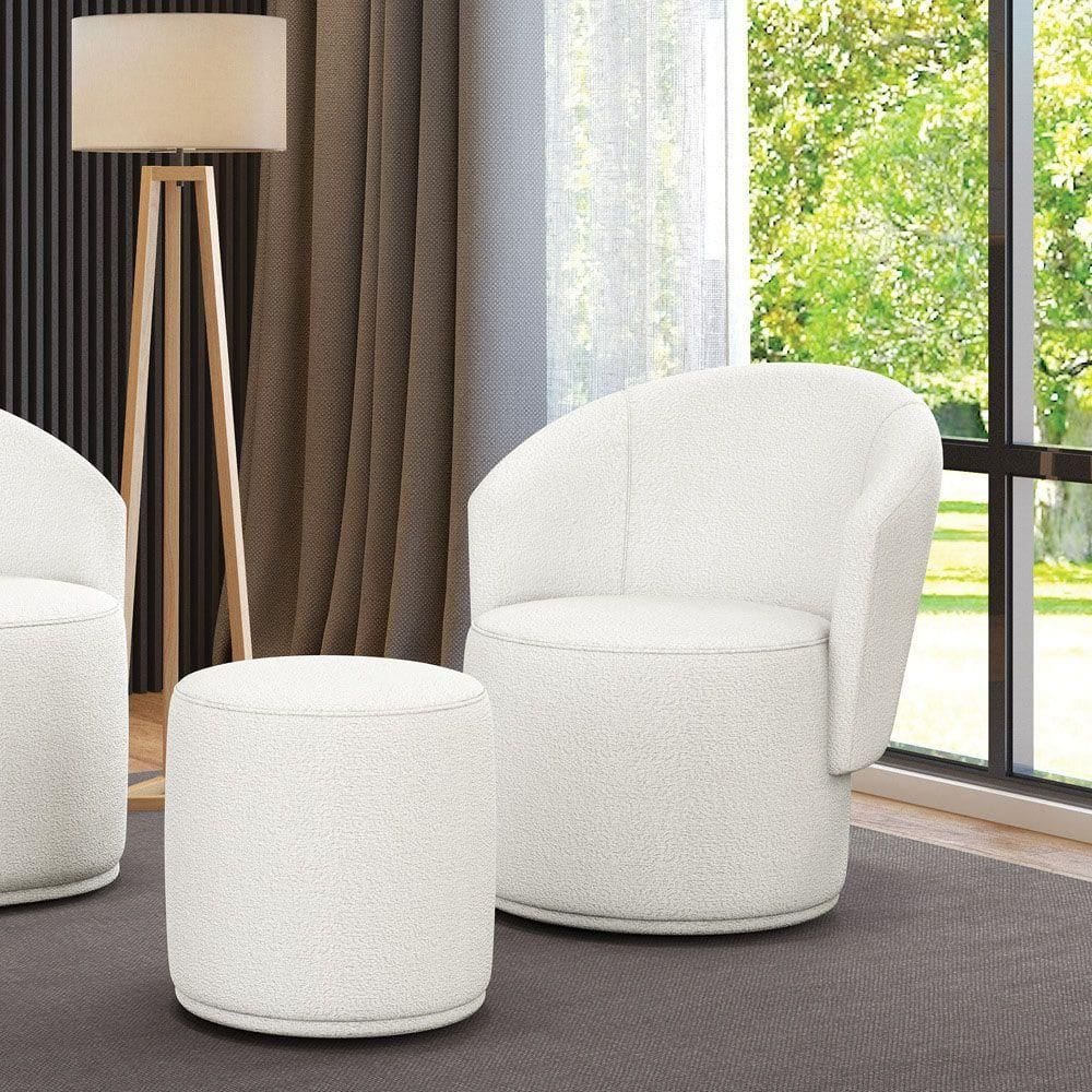 Poltrona E Puff Redondo Orgânico Para Sala Malu Bouclê Off White M11 - D`rossi