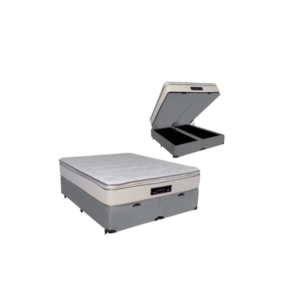 Cama Box Baú Queen Suede + Colchão Cloud Pillow Top Molas Ensacadas Luckspuma 158x198x74 Cor:cinza
