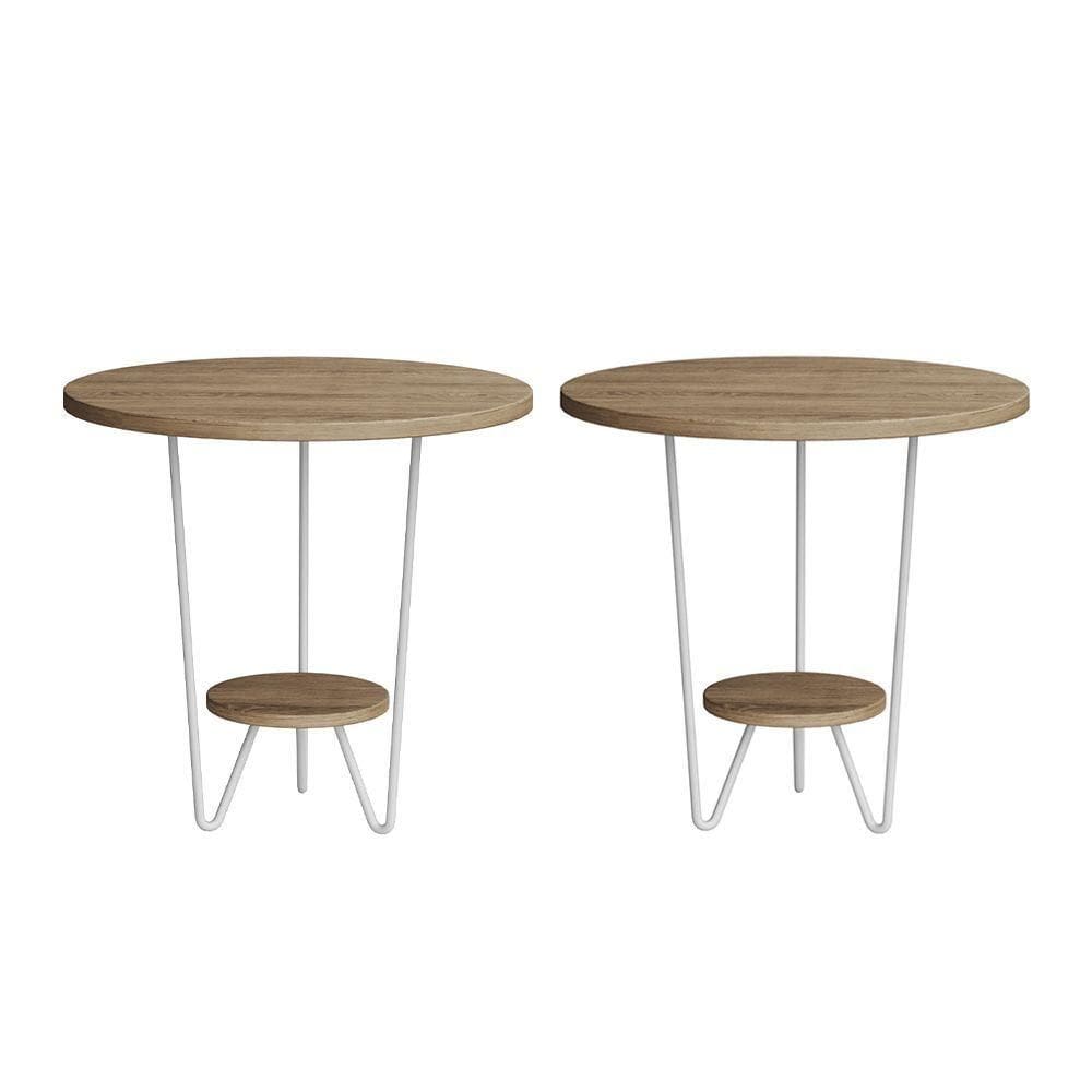 Kit 2 Mesas Laterais Redonda Industrial Italy Ferro Branco E Tampo Freijó