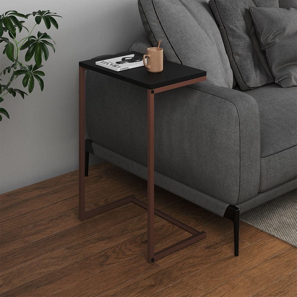 Mesa Lateral De Apoio Industrial Sofá Charmme Ferro Cobre E Tampo Preto