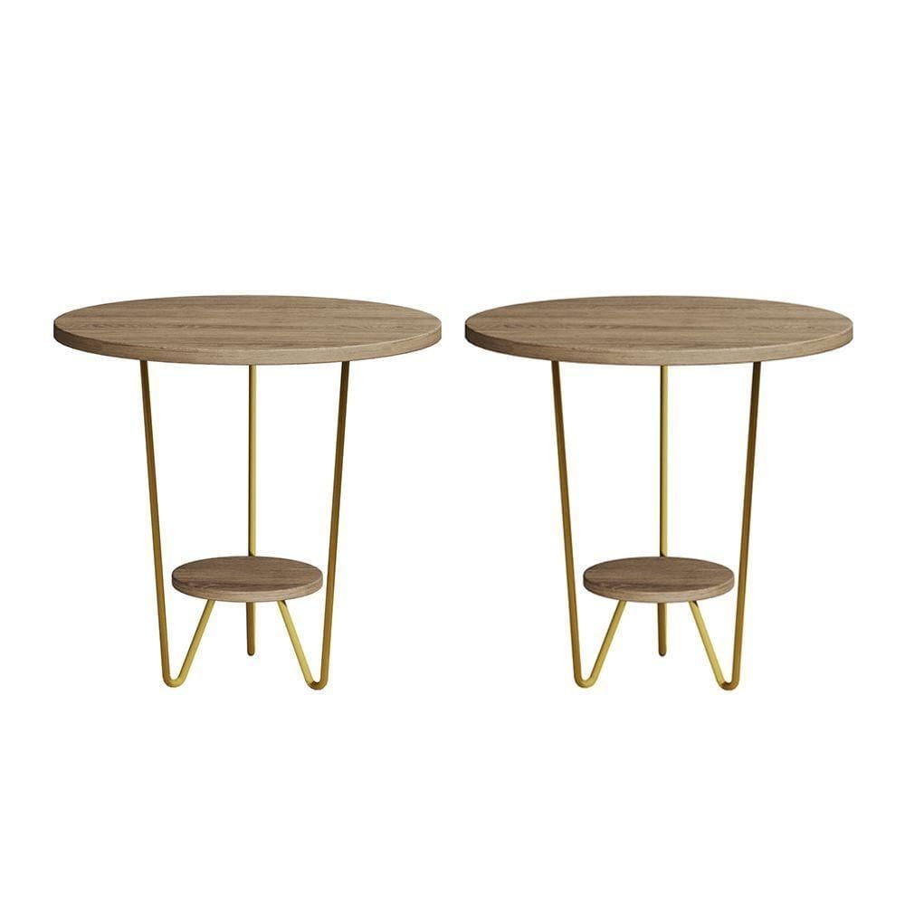 Kit 2 Mesas Laterais Redonda Industrial Italy Ferro Dourado E Tampo Freijó