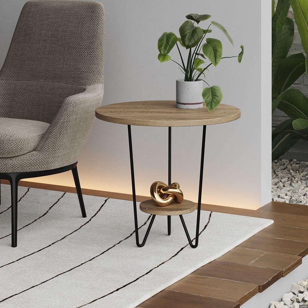 Mesa Lateral Redonda Industrial Italy Ferro Preto E Tampo Freijó