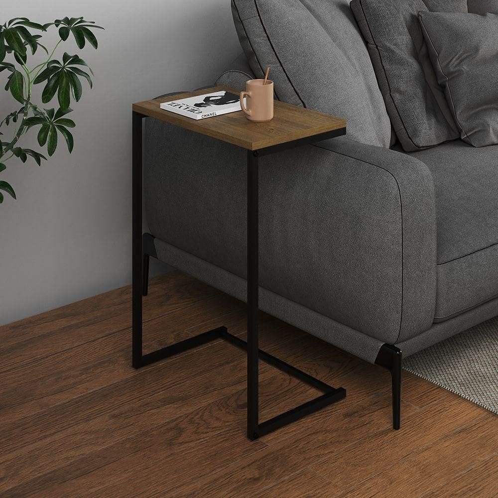 Mesa Lateral De Apoio Industrial Sofá Charmme Ferro Preto E Tampo Freijó