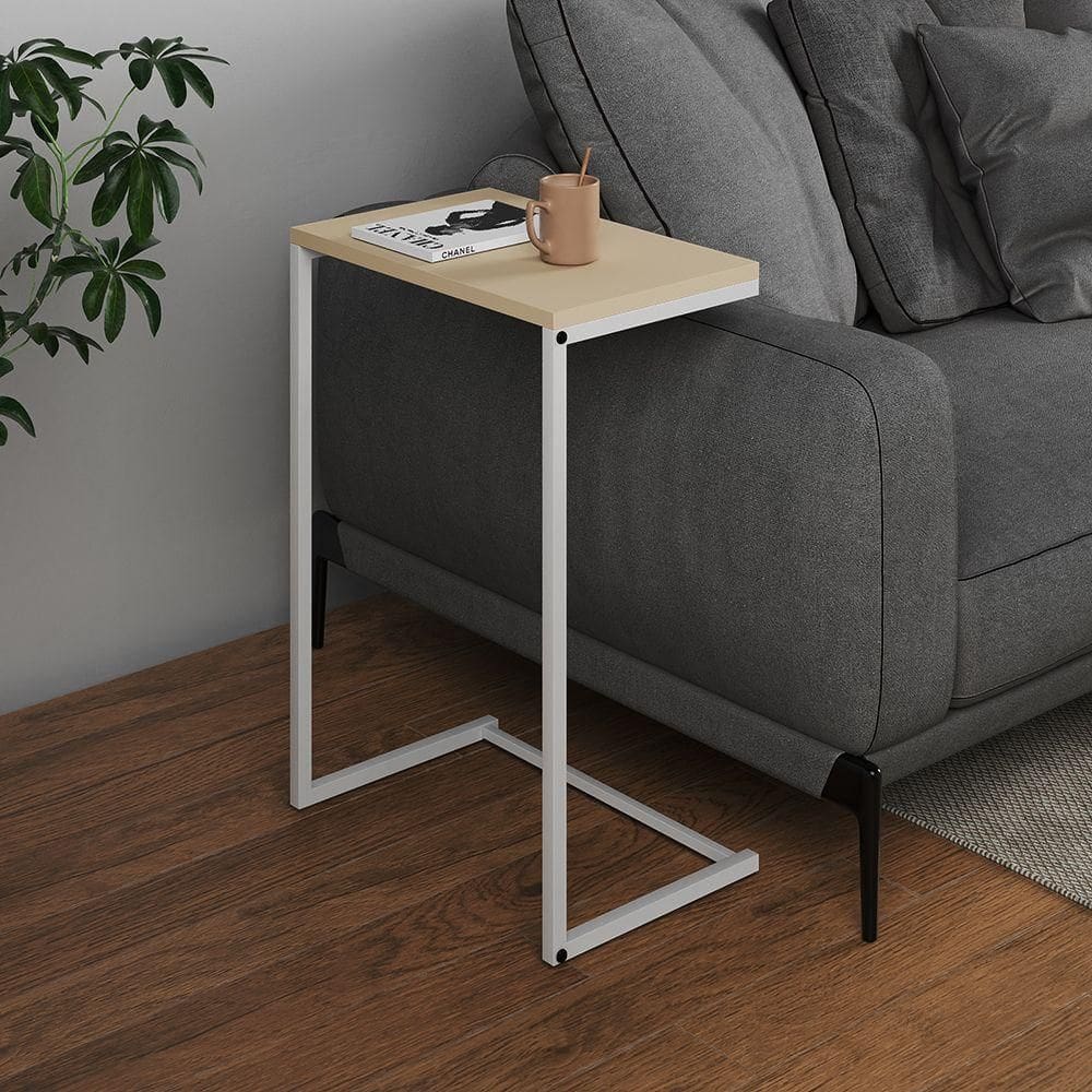 Mesa Lateral De Apoio Industrial Sofá Charmme Ferro Branco E Tampo Off-white