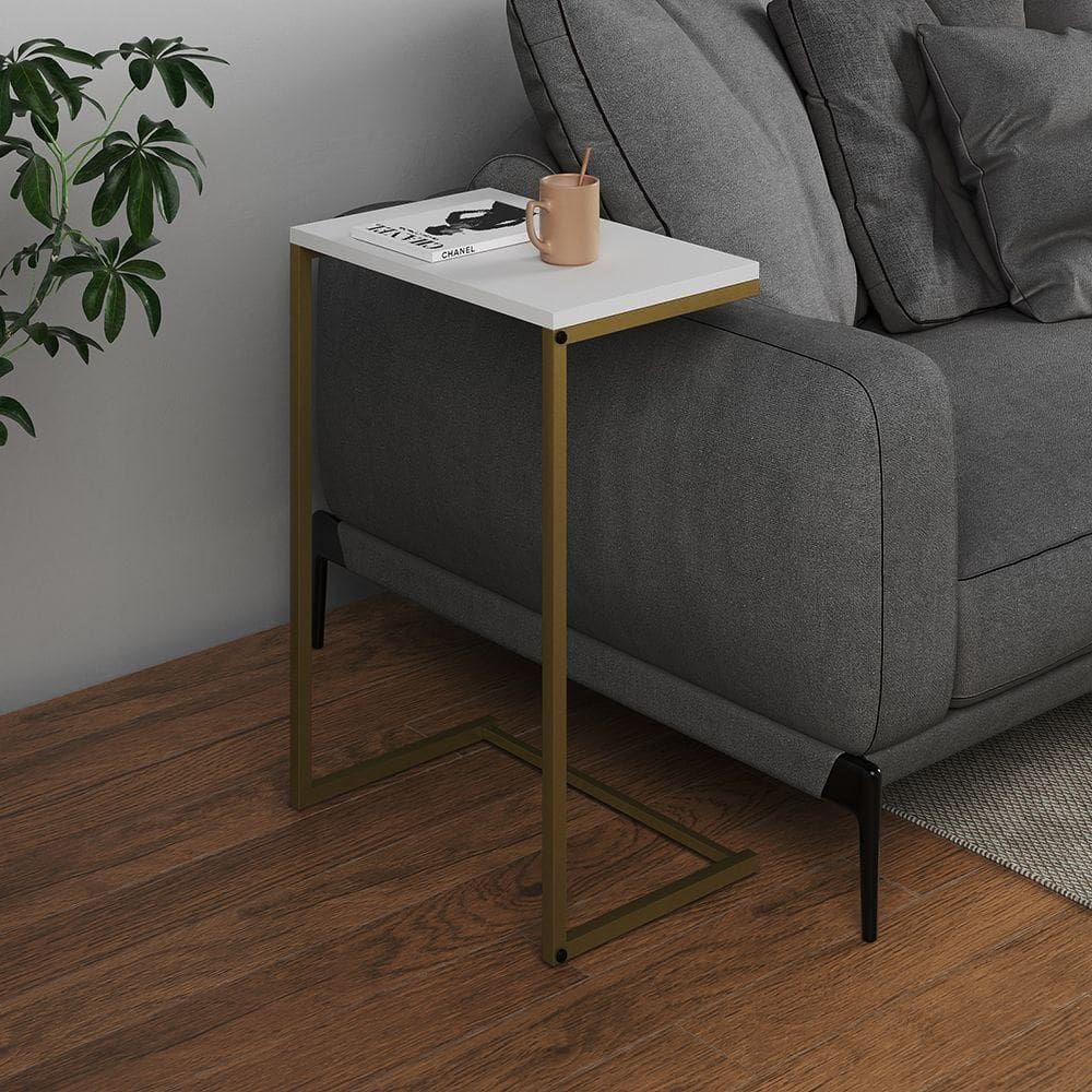 Mesa Lateral De Apoio Industrial Sofá Charmme Ferro Dourado E Tampo Branco