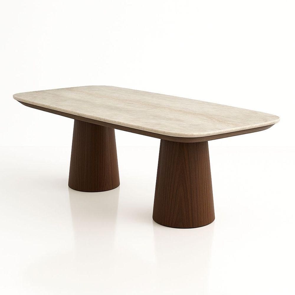 Mesa De Jantar Quartzito Taj Mahal Base E Tampo Duplo Nogueira 120x80 Cm