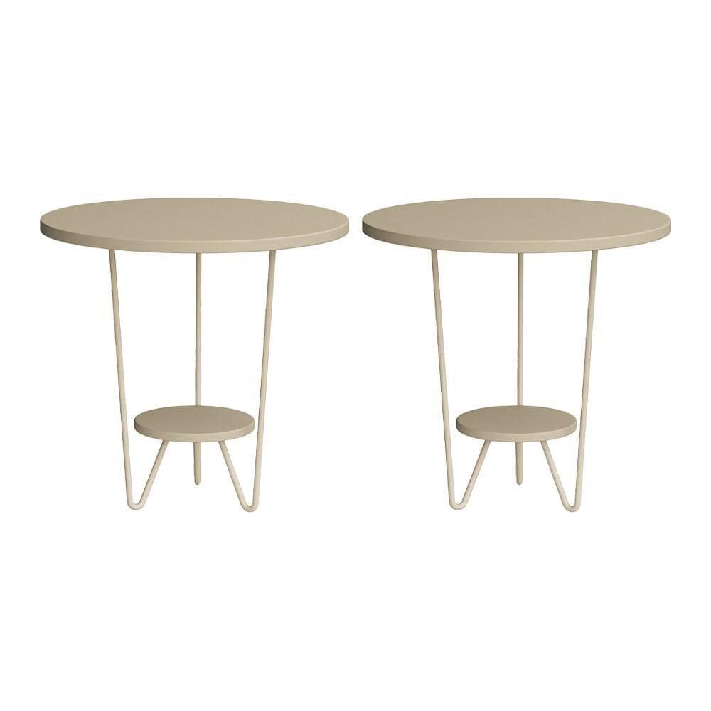 Kit 2 Mesas Laterais Redonda Industrial Italy Ferro Branco E Tampo Off-white
