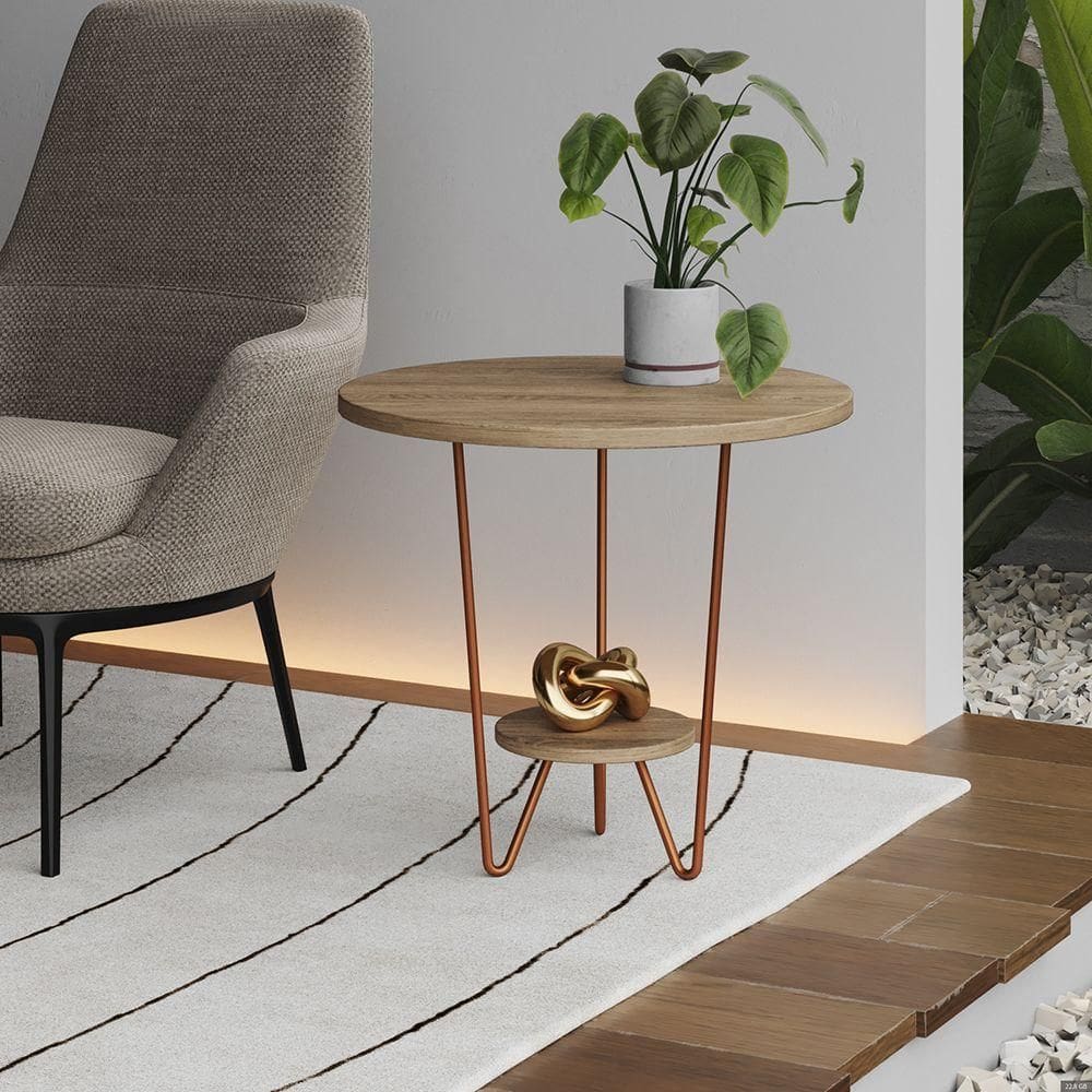 Mesa Lateral Redonda Industrial Italy Ferro Cobre E Tampo Freijó