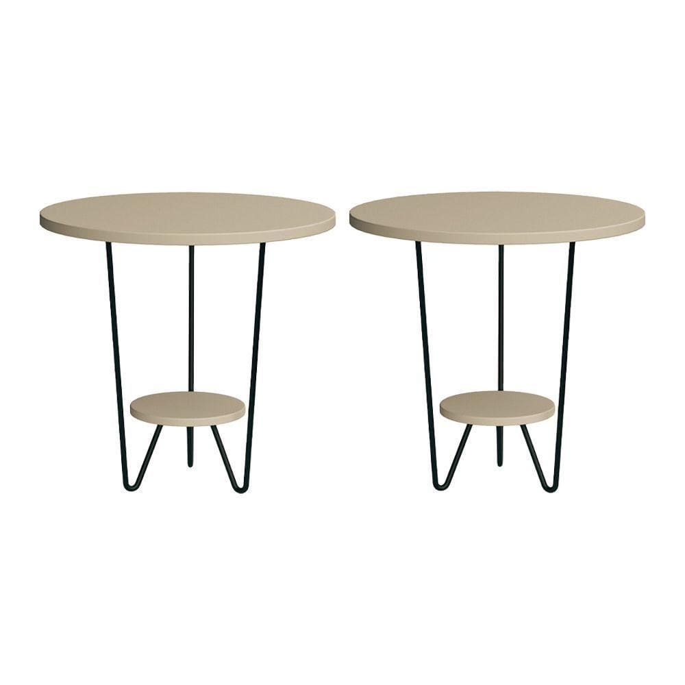 Kit 2 Mesas Laterais Redonda Industrial Italy Ferro Preto E Tampo Off-white