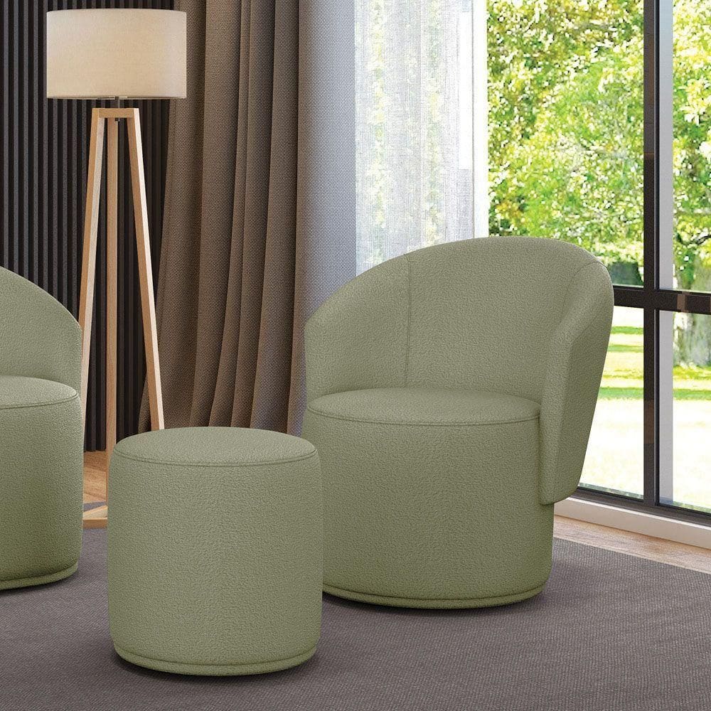 Poltrona E Puff Redondo Orgânico Para Sala Malu Bouclê Pistache M11 - D`rossi