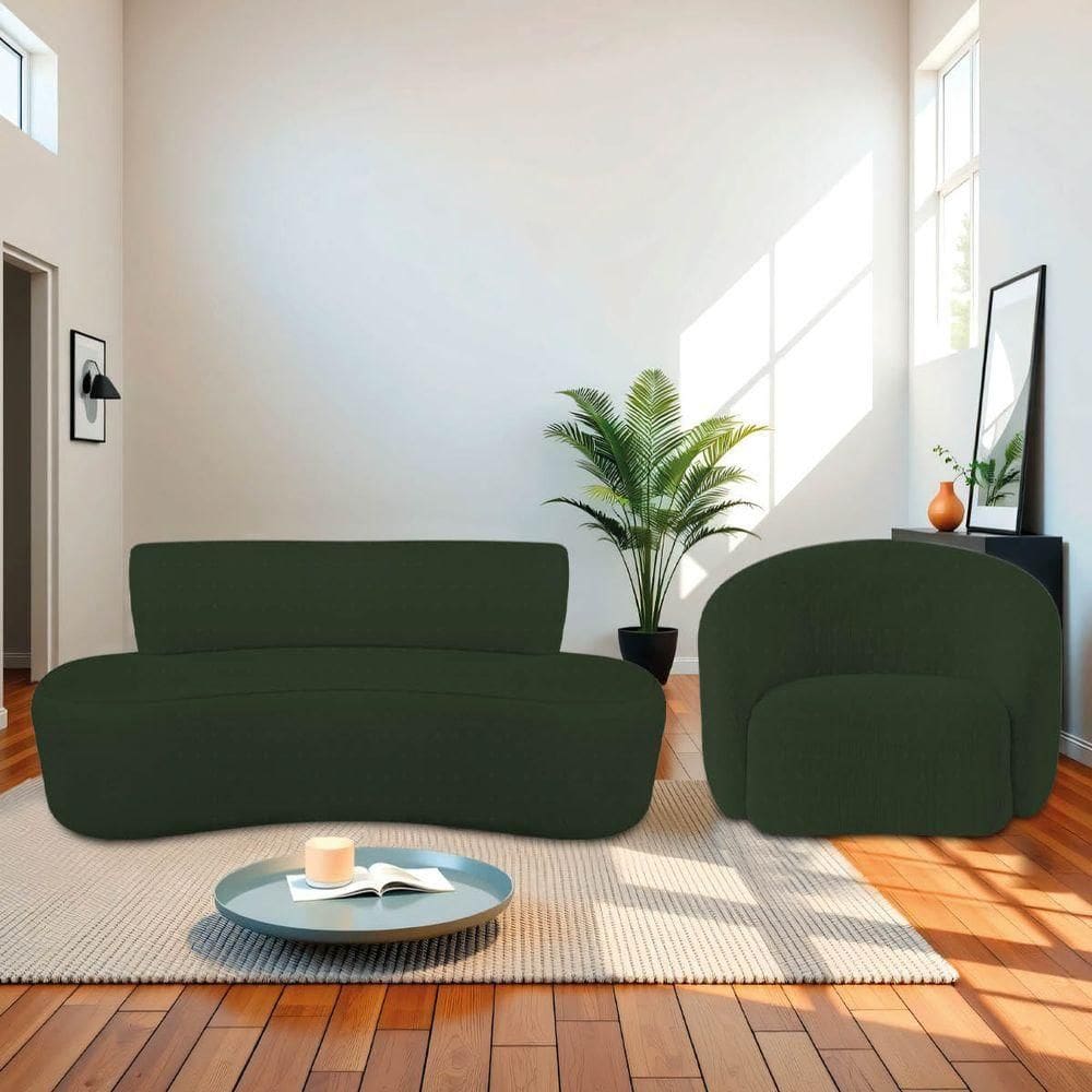 Kit Recamier Curvo Amsterdã 180cm E Poltrona Amore Luxo Linho Cor Verde