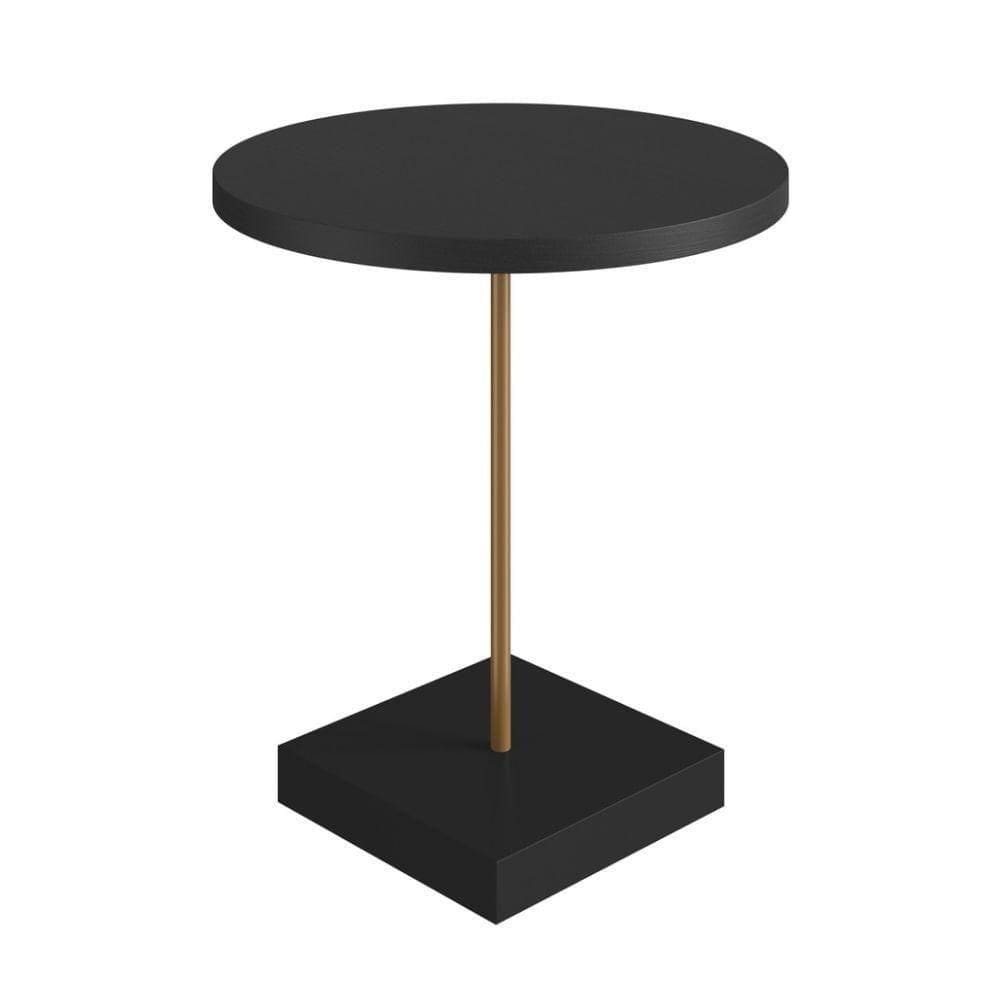 Mesa Lateral Redonda Artesano 45 Cm Larg Tampo E Base Mdp Preto C/ Tubo Metálico Aço Carbono Dourado