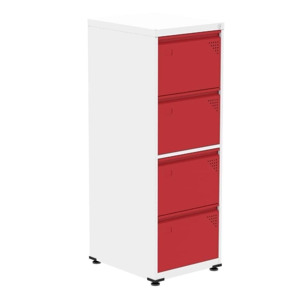 Armário De Arquivo Oficio 4 Gavetas Pandin 47cm Largura Aço Branco Com Frente Gaveta Vermelha Com Chave