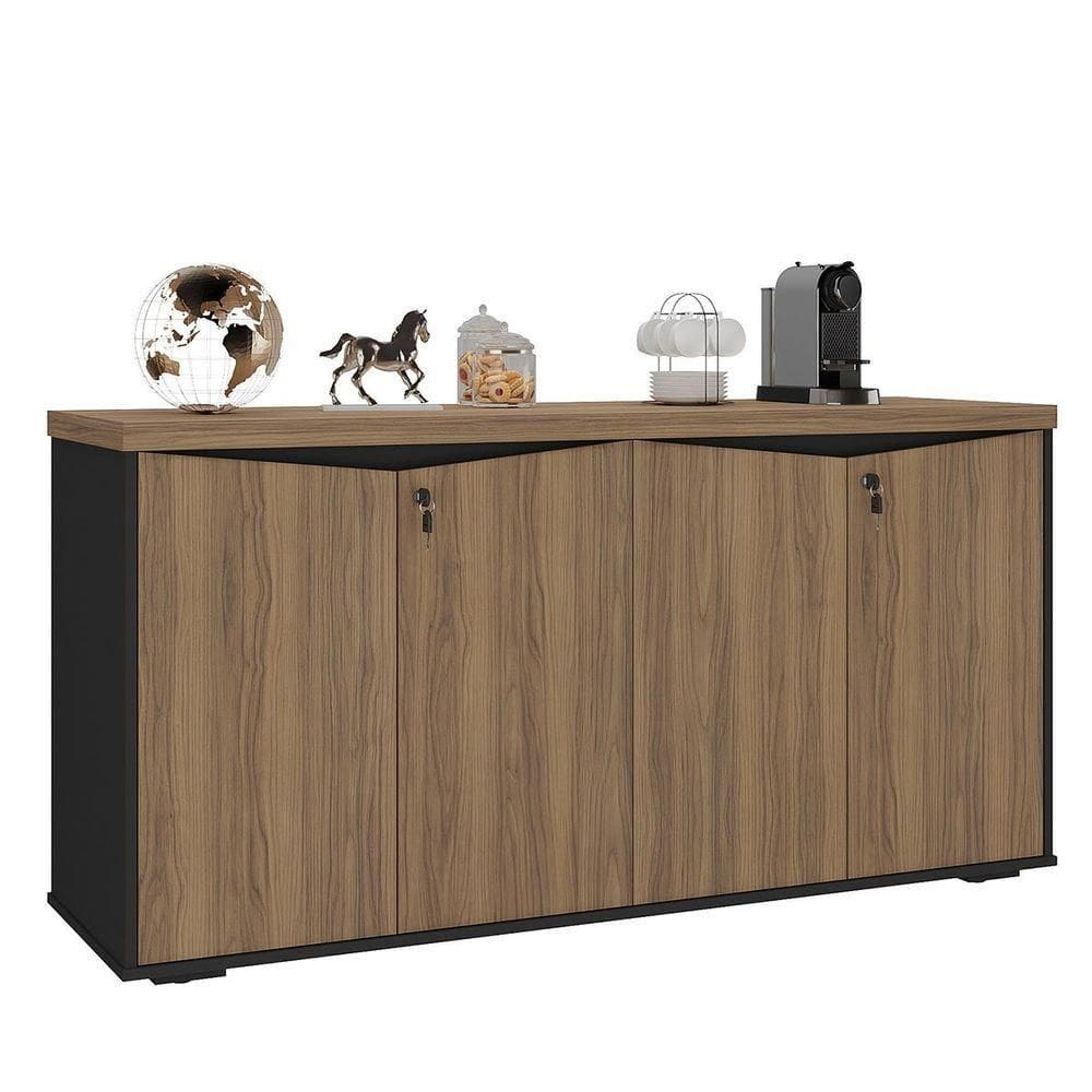 Balcão Para Escritório 4 Portas Com Chave 2 Prateleiras Nogal/preto