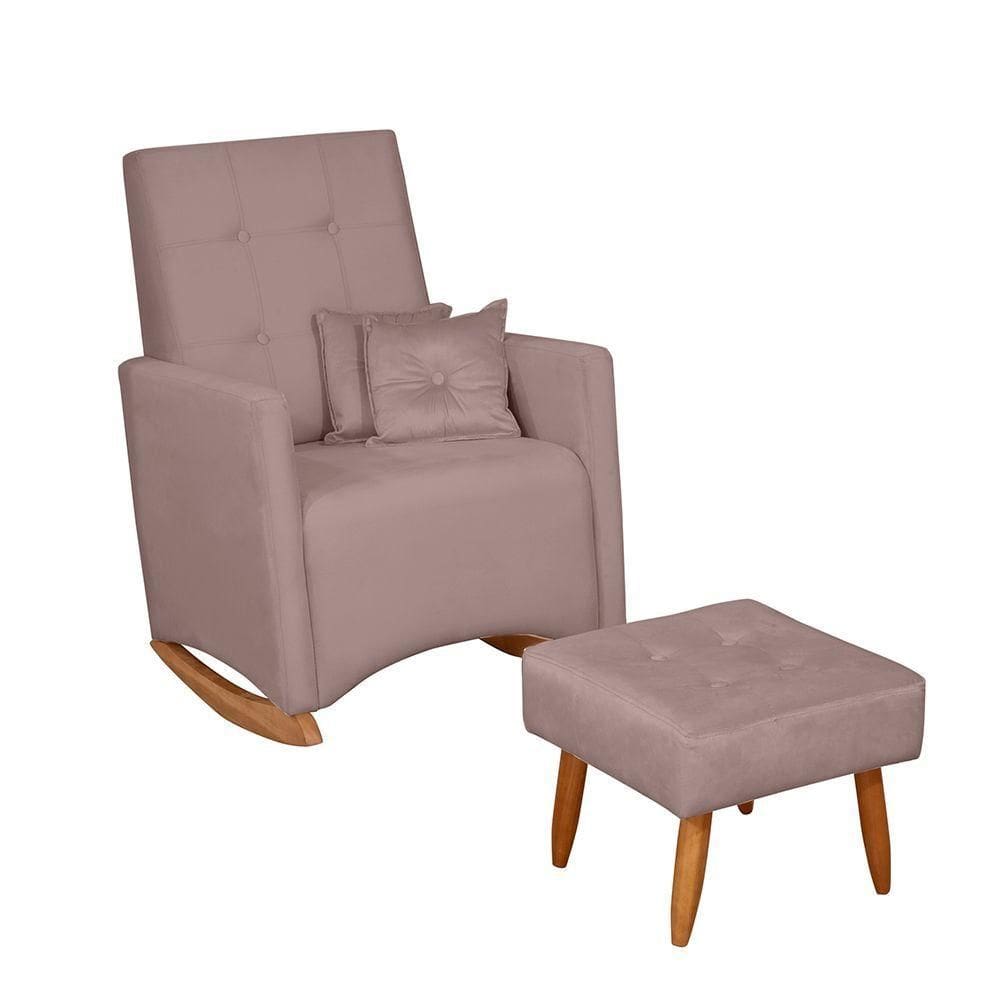 Sofá Poltrona De Amamentação E Balanço Ana C/ Puff Veludo Rose