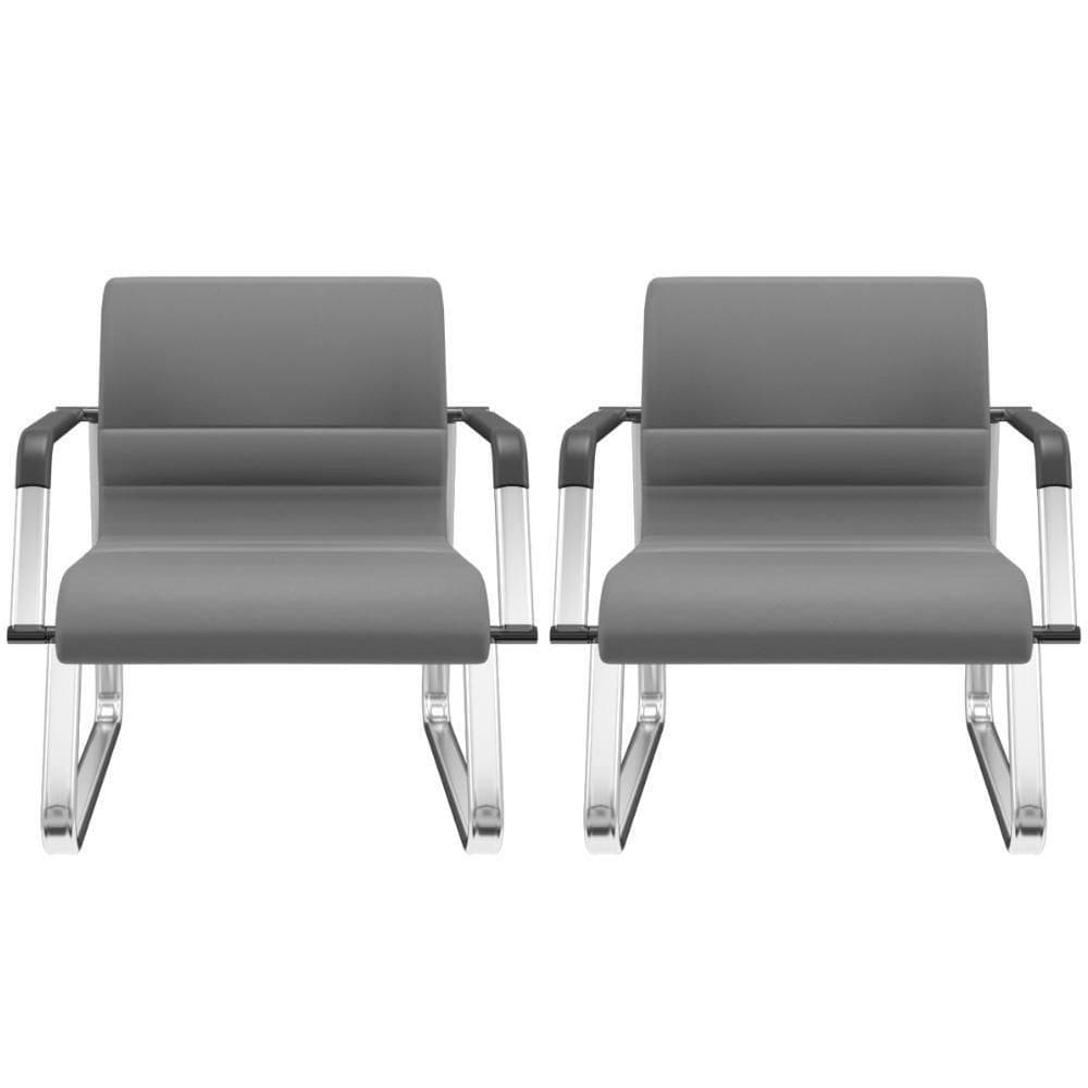 Kit 02 Cadeiras De Escritório Recepção Fixa Pés Cromado Lev P03 Vinil Cinza - Lyam Decor