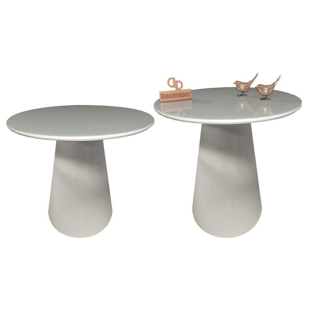 Kit Mesa De Canto Com Vidro 50cm E Base Cone Laqueada Off White
