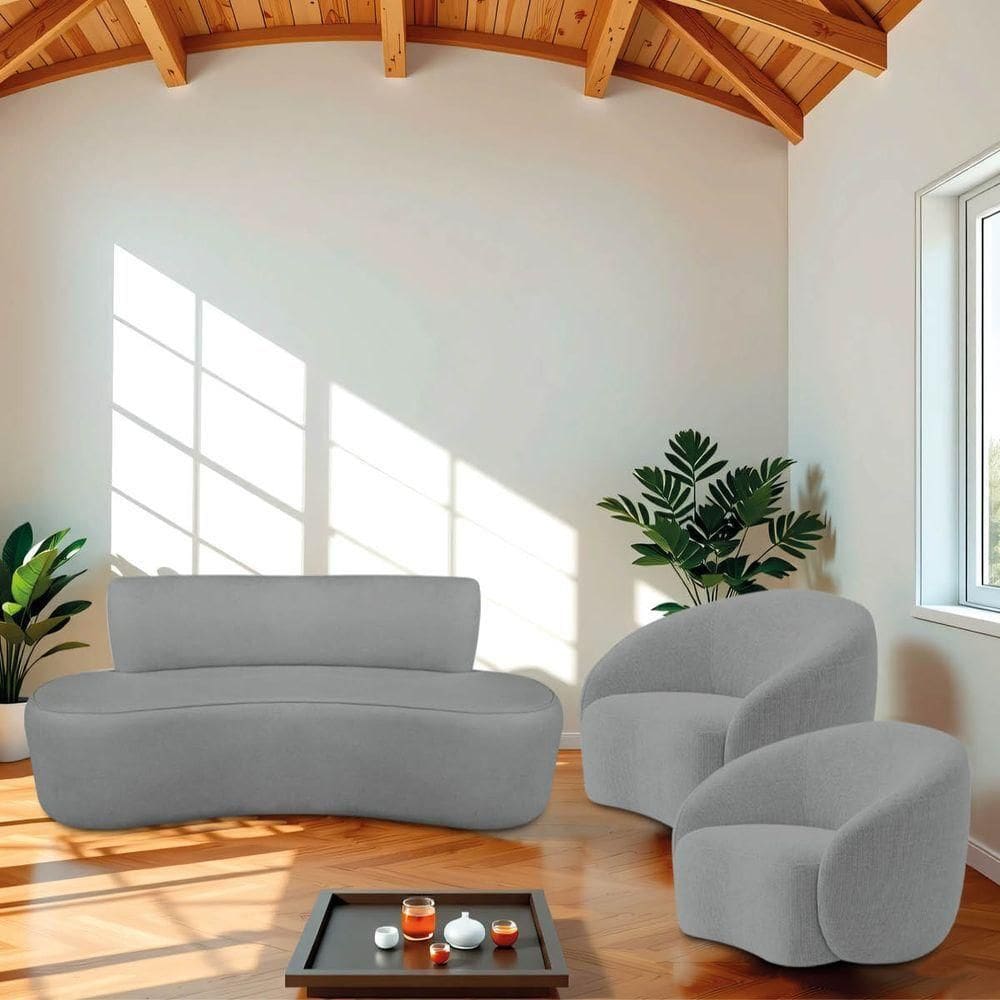 Kit Recamier Curvo Amsterdã 140cm E 2 Poltronas Amore Luxo Bouclé Cor Cinza