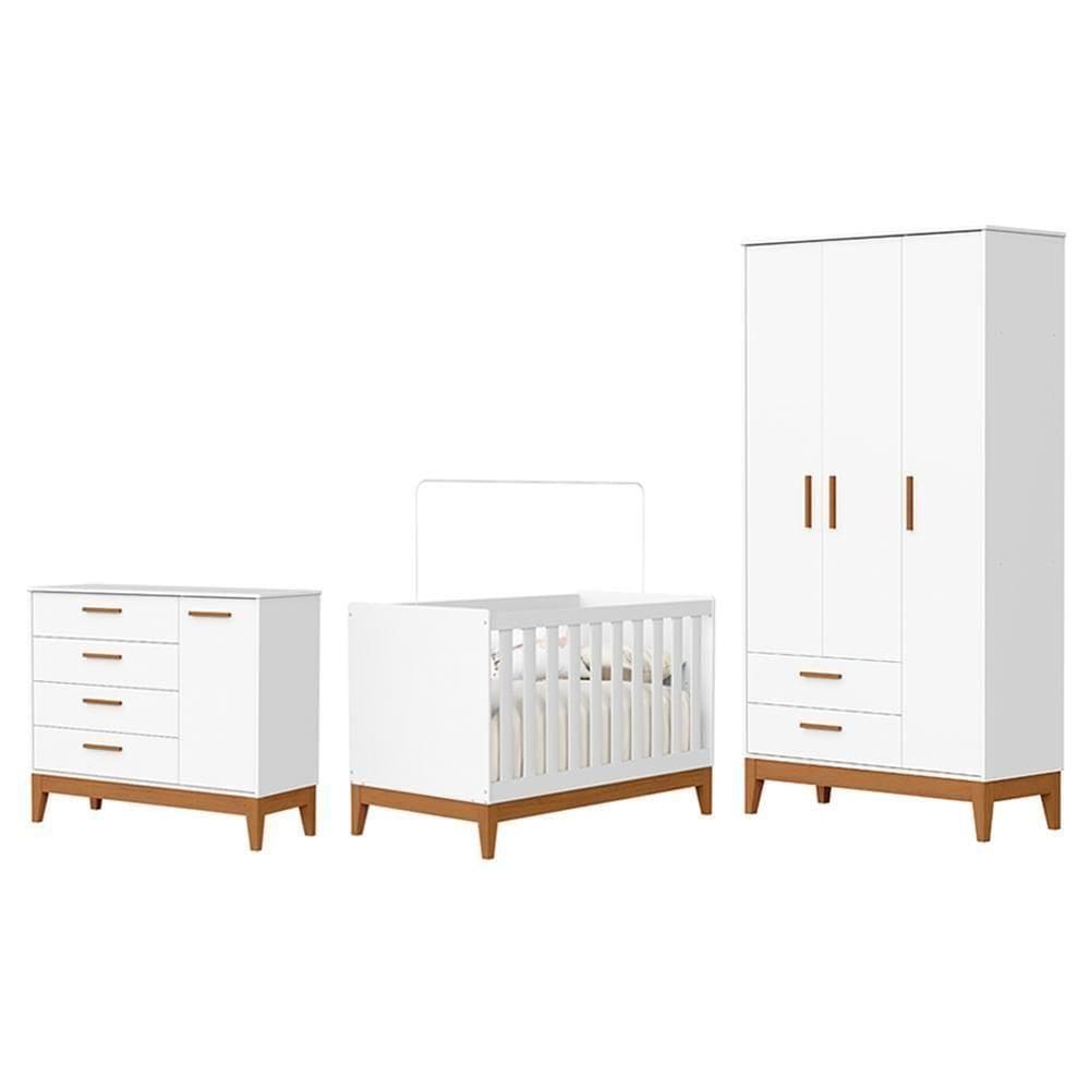Dormitório Infantil Flip Guarda Roupa 3 Portas, Cômoda 1 Porta E Berço Branco Fosco - Reller Móveis Branco Fosco