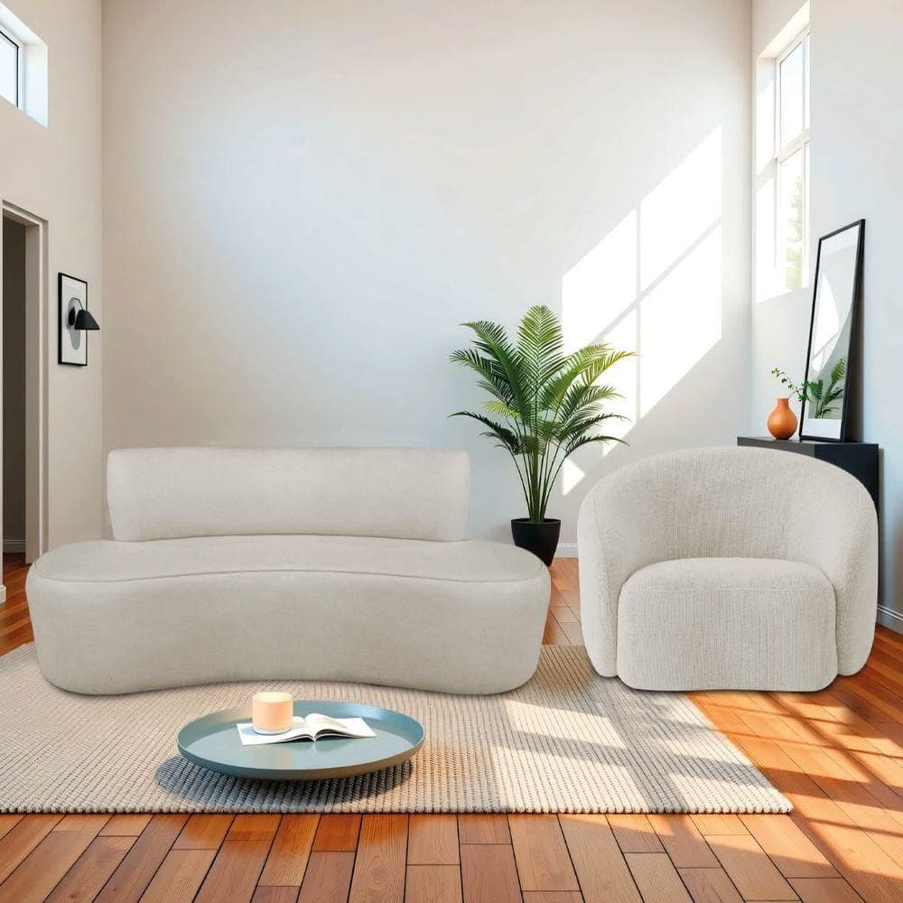 Kit Recamier Curvo Amsterdã 180cm E Poltrona Amore Luxo Linho Cor Bege