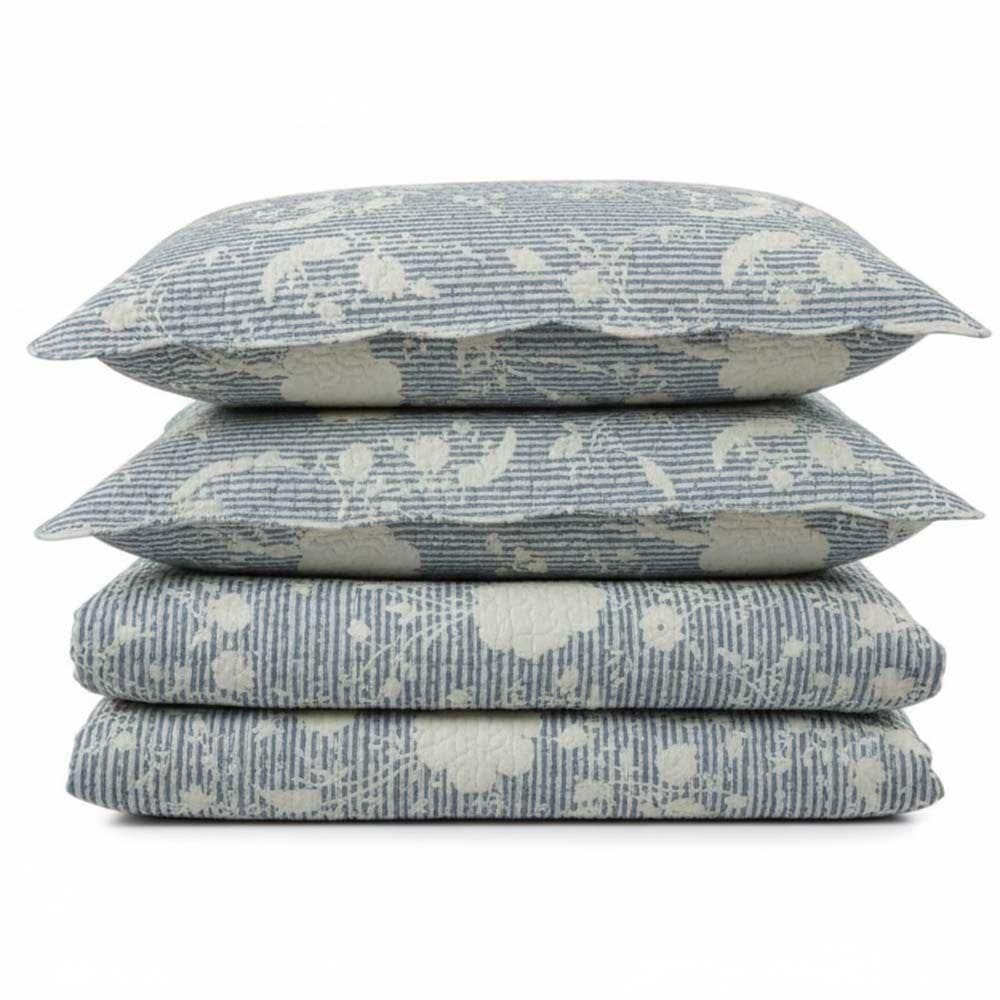 Kit Cobre Leito Colcha Magnus King 3 Peças Dupla Face Estampado Floral - Azul - 100% Poliéster