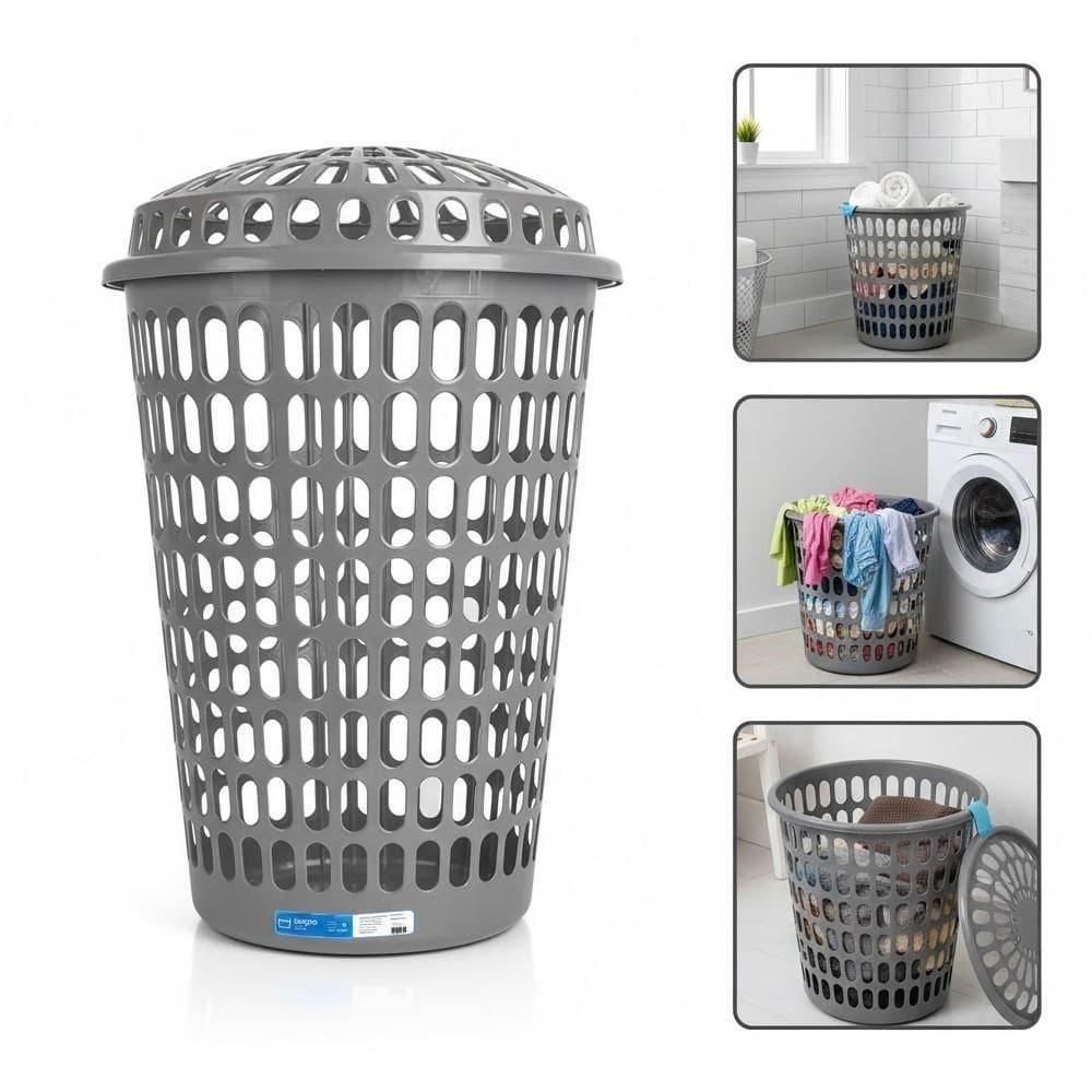 Cesto Telado Gigante Com Tampa 60 L Cinza Para Roupas E Organização De Lavanderia