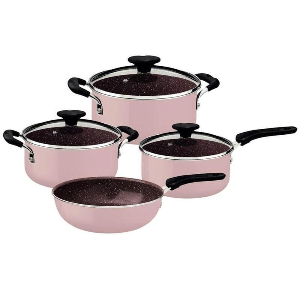 Jogo De Panelas Tramontina Tunis Em Alumínio Com Revestimento Externo Rosa Trufado 4 Peças