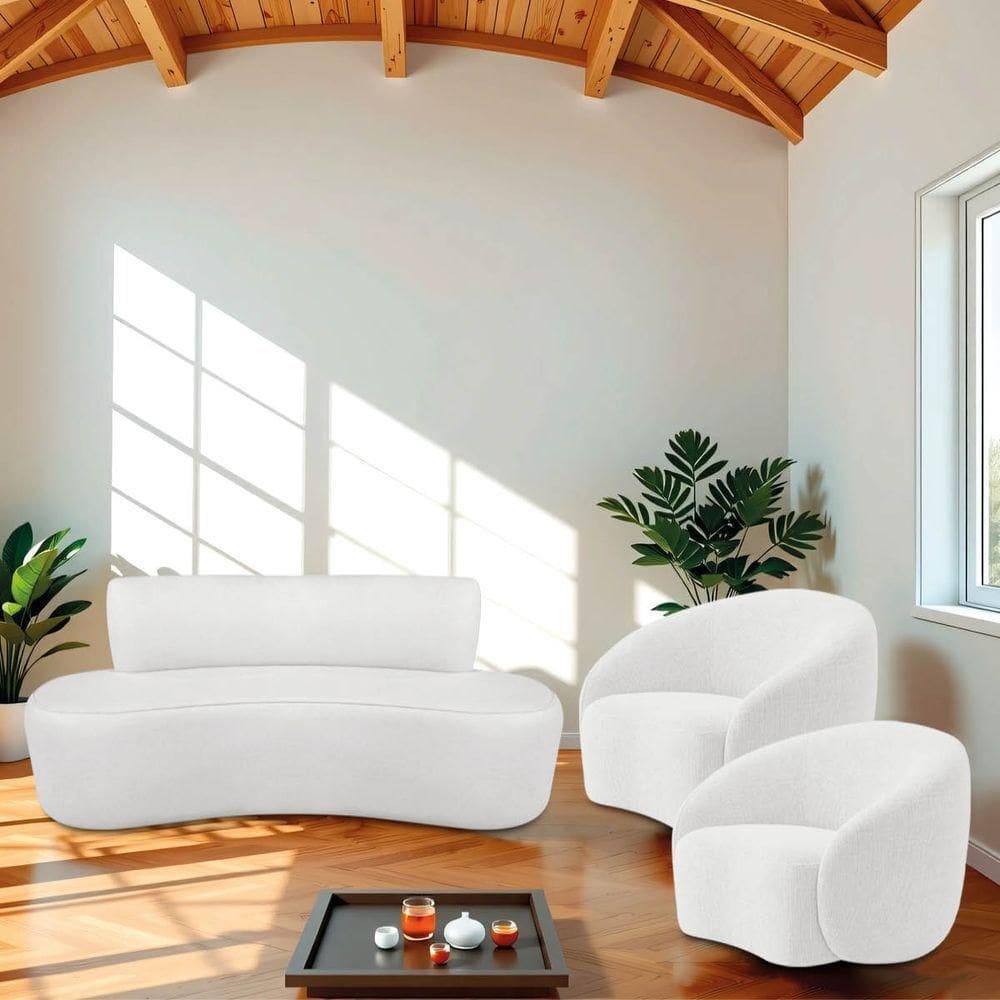 Kit Recamier Curvo Amsterdã 120cm E 2 Poltronas Amore Luxo Bouclé Cor Branco