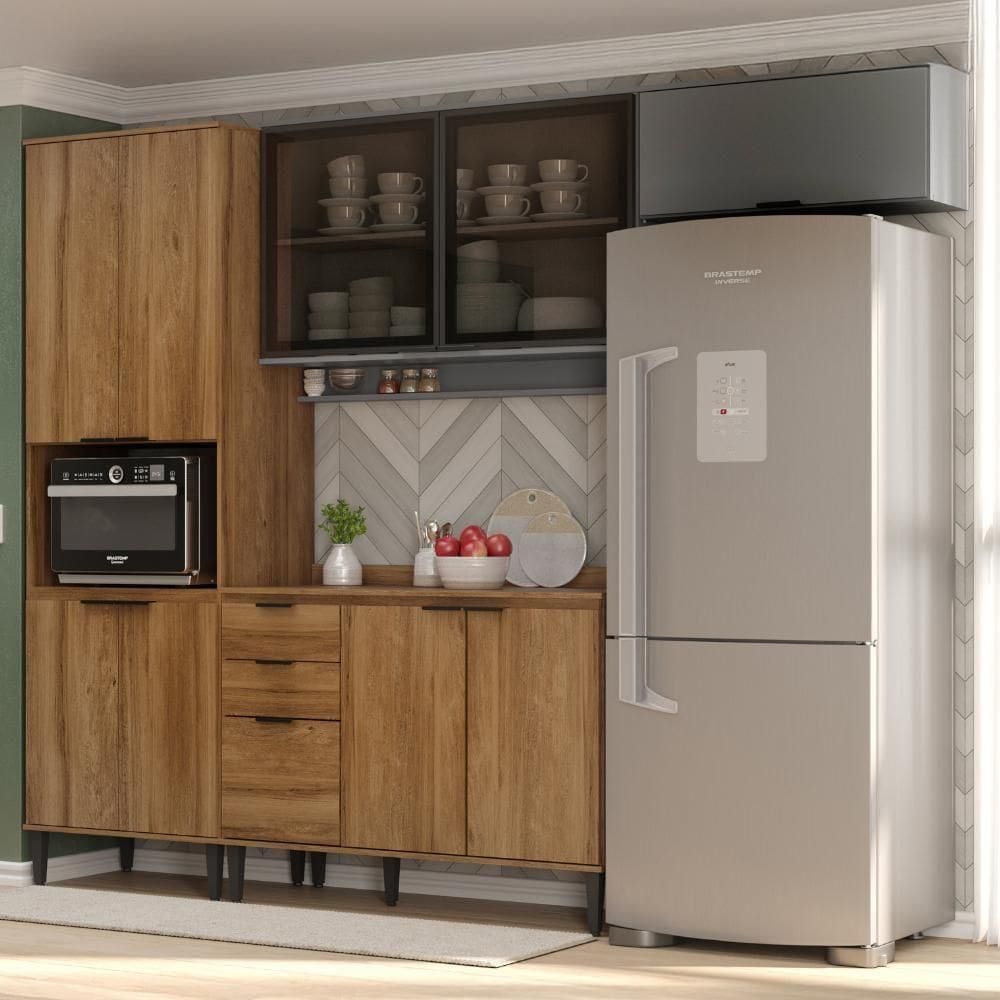 Armário De Cozinha Completa Miami Zen Carraro Freijó Com Cinza Titânio