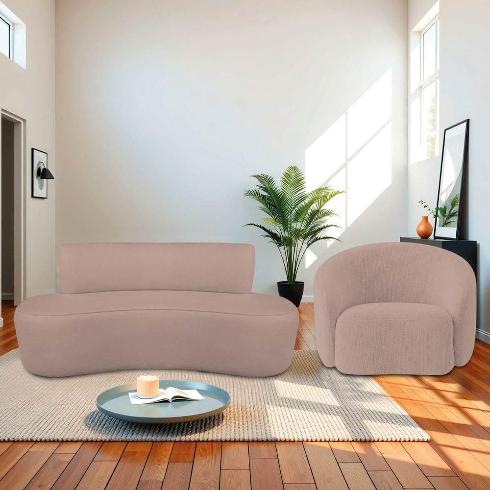 Kit Recamier Curvo Amsterdã 130cm E Poltrona Amore Luxo Linho Cor Rosê