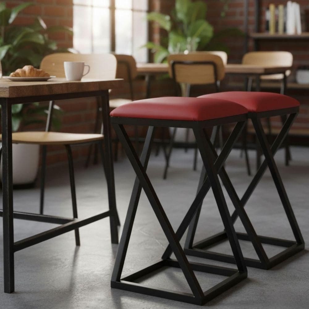 Conjunto 2 Banquetas Gourmet Baixa Quadrada Cozinha Casa Bar Ferro Vermelho