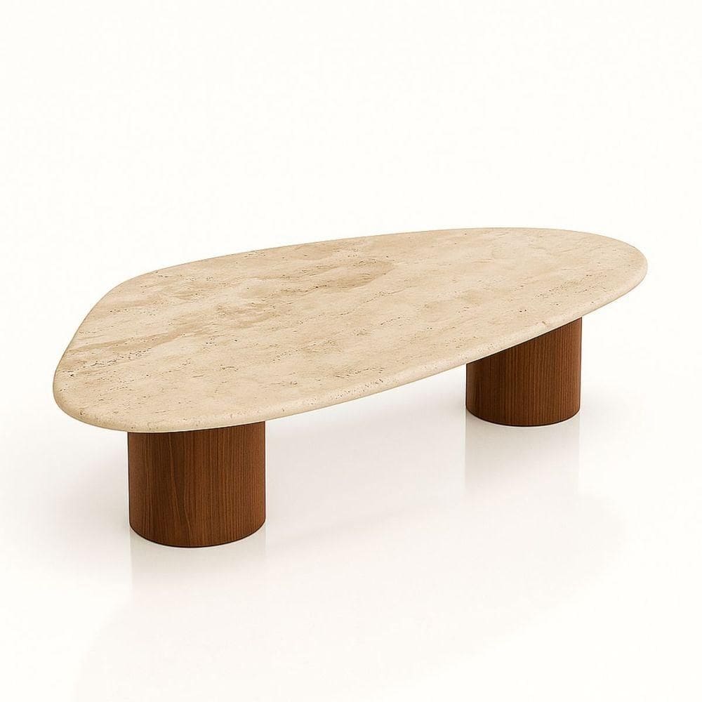 Mesa De Centro Astrid 120x80 Cm Base Dupla Nogueira Tampo Mármore Travertino