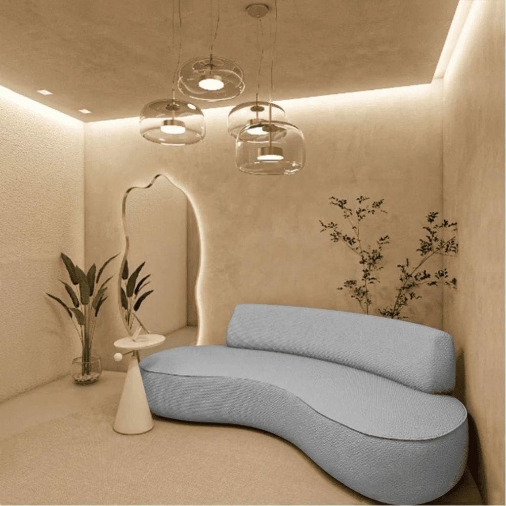 Sofá Curvo 2 Lugares Orgânico Amsterdã 140cm Bouclé Cinza- Mabe Magazine