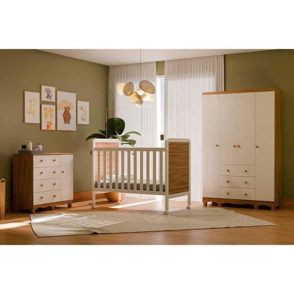 Quarto Infantil Completo 3 Peças (1guardaroupa+1berço+1cômoda) Qi121 Branco-amendoa - Peroba